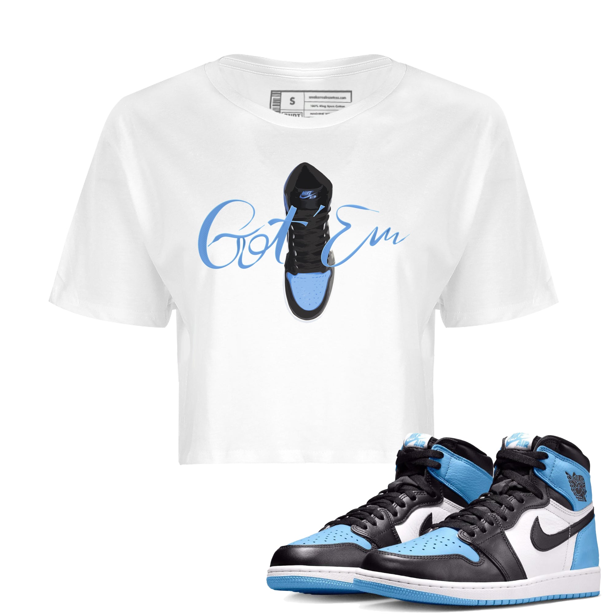 Air Jordan 1 Retro High OG UNC Toe Shirt to match Jordans Caligraphy Shoe Lace Sneaker Tees 1s UNC Toe SNRT Sneaker Release Tees Crop T-Shirts White 1