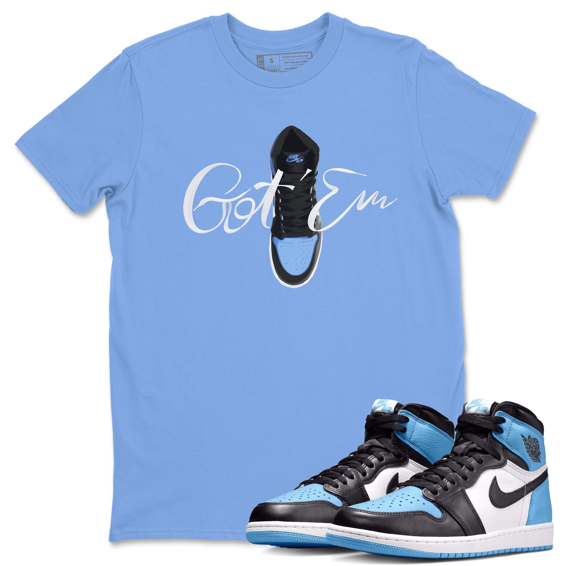 Air Jordan 1 Retro High OG UNC Toe Shirt to match Jordans Caligraphy Shoe Lace Sneaker Tees 1s UNC Toe SNRT Sneaker Release Tees Crew Neck T-Shirts Carolina Blue 1