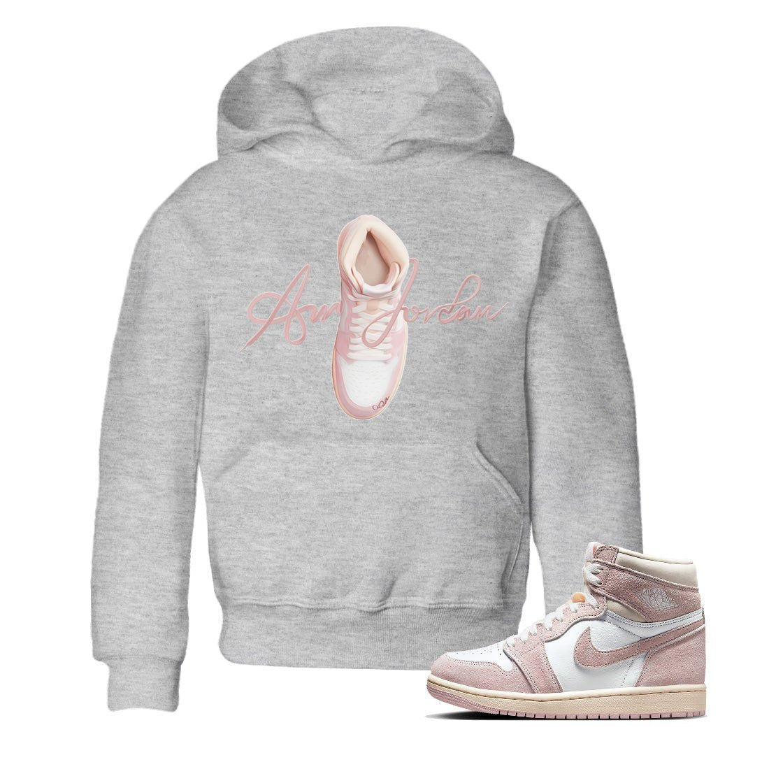 AJ1 Retro High OG Washed Pink Sneaker Match Tees Caligraphy Shoe Lace Sneaker Tees AJ1 Retro High OG Washed Pink Sneaker Release Tees Kids Shirts Heather Grey 1