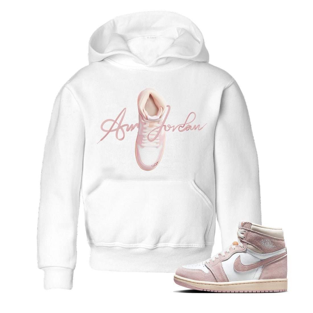 AJ1 Retro High OG Washed Pink Sneaker Match Tees Caligraphy Shoe Lace Sneaker Tees AJ1 Retro High OG Washed Pink Sneaker Release Tees Kids Shirts White 1