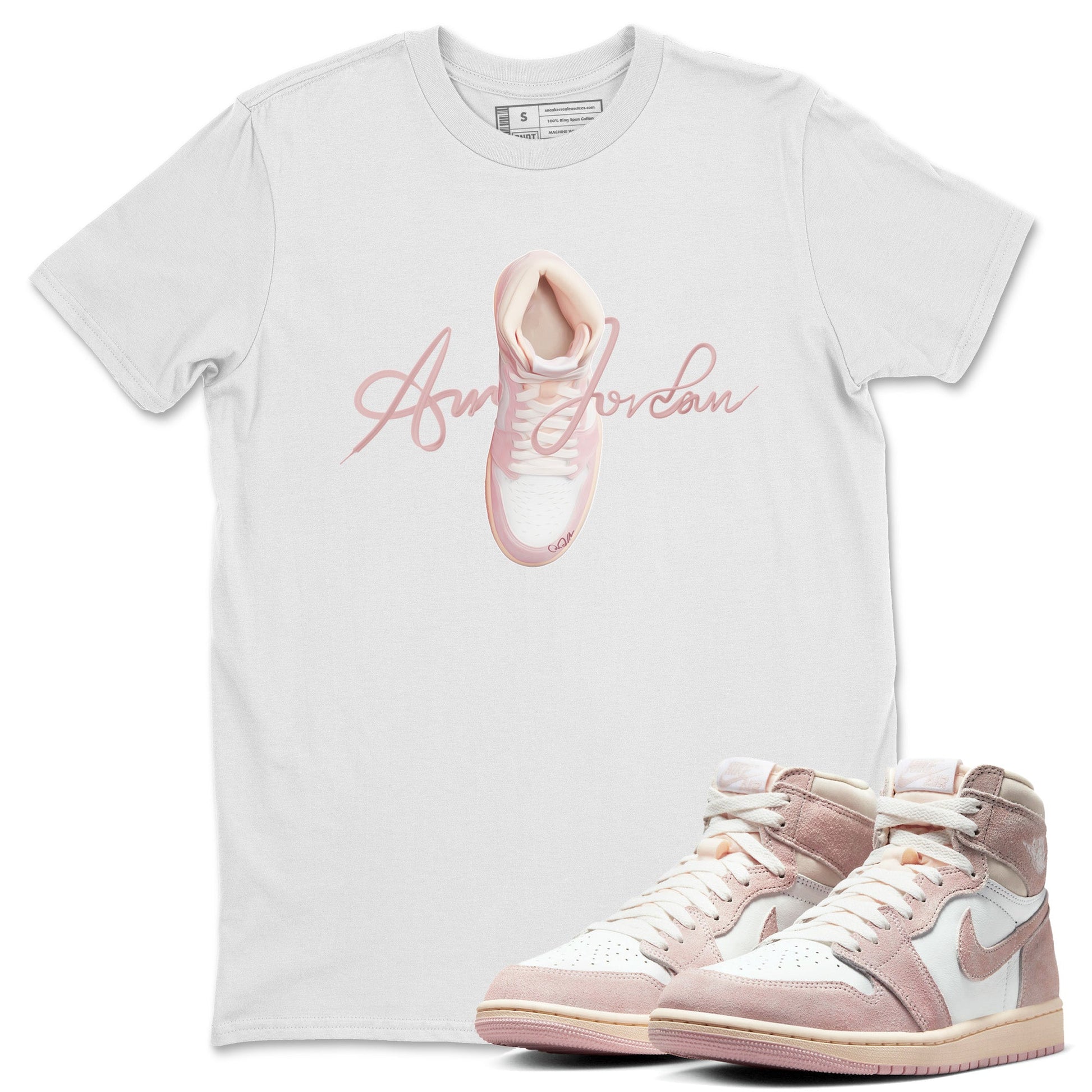 AJ1 Retro High OG Washed Pink Sneaker Match Tees Caligraphy Shoe Lace Sneaker Tees AJ1 Retro High OG Washed Pink Sneaker Release Tees Unisex Shirts White 1