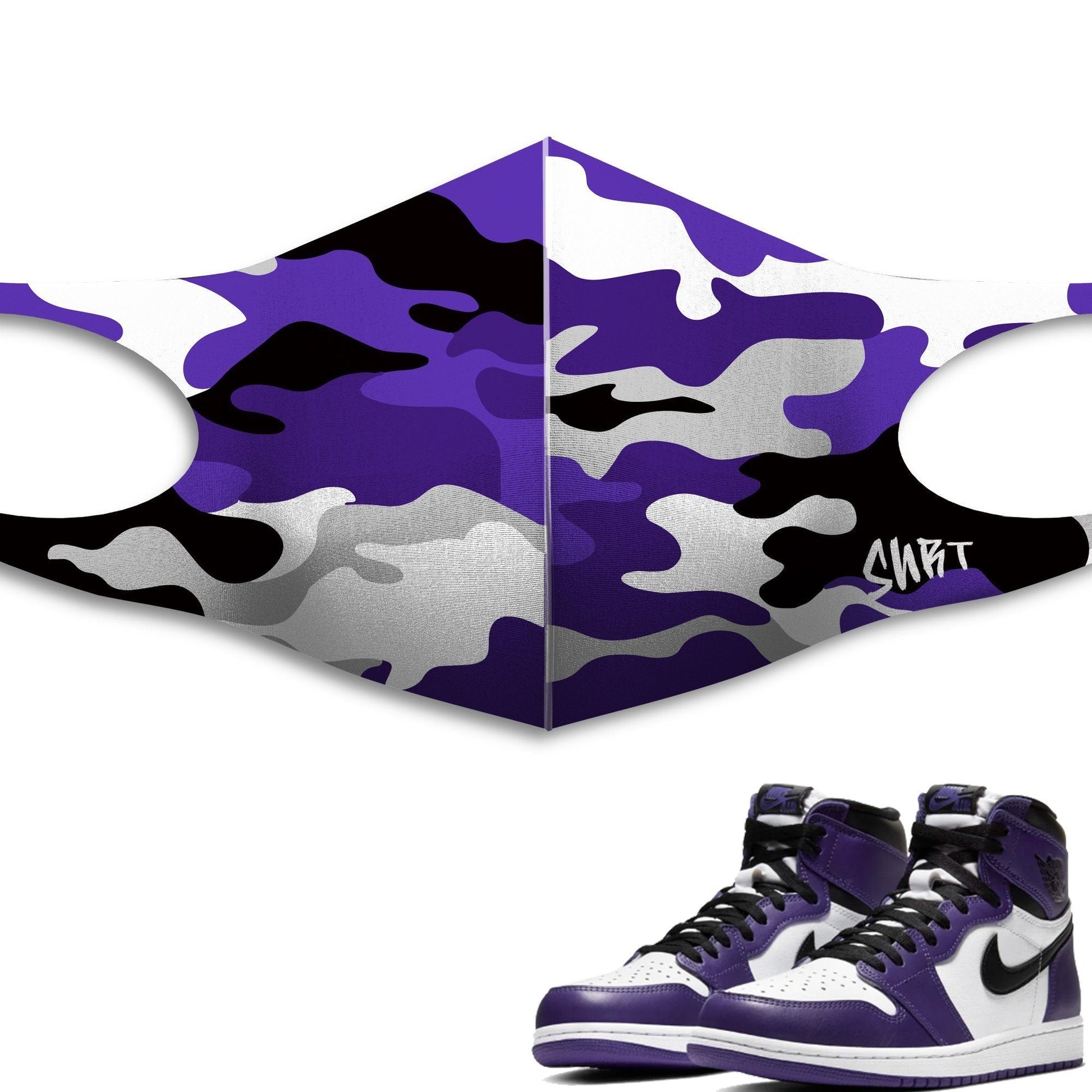 Air Jordan 1 Retro Court Purple Sneaker Matching Outfit Unisex AJ1 Court Purple Premium Face Mask Camo design Mask