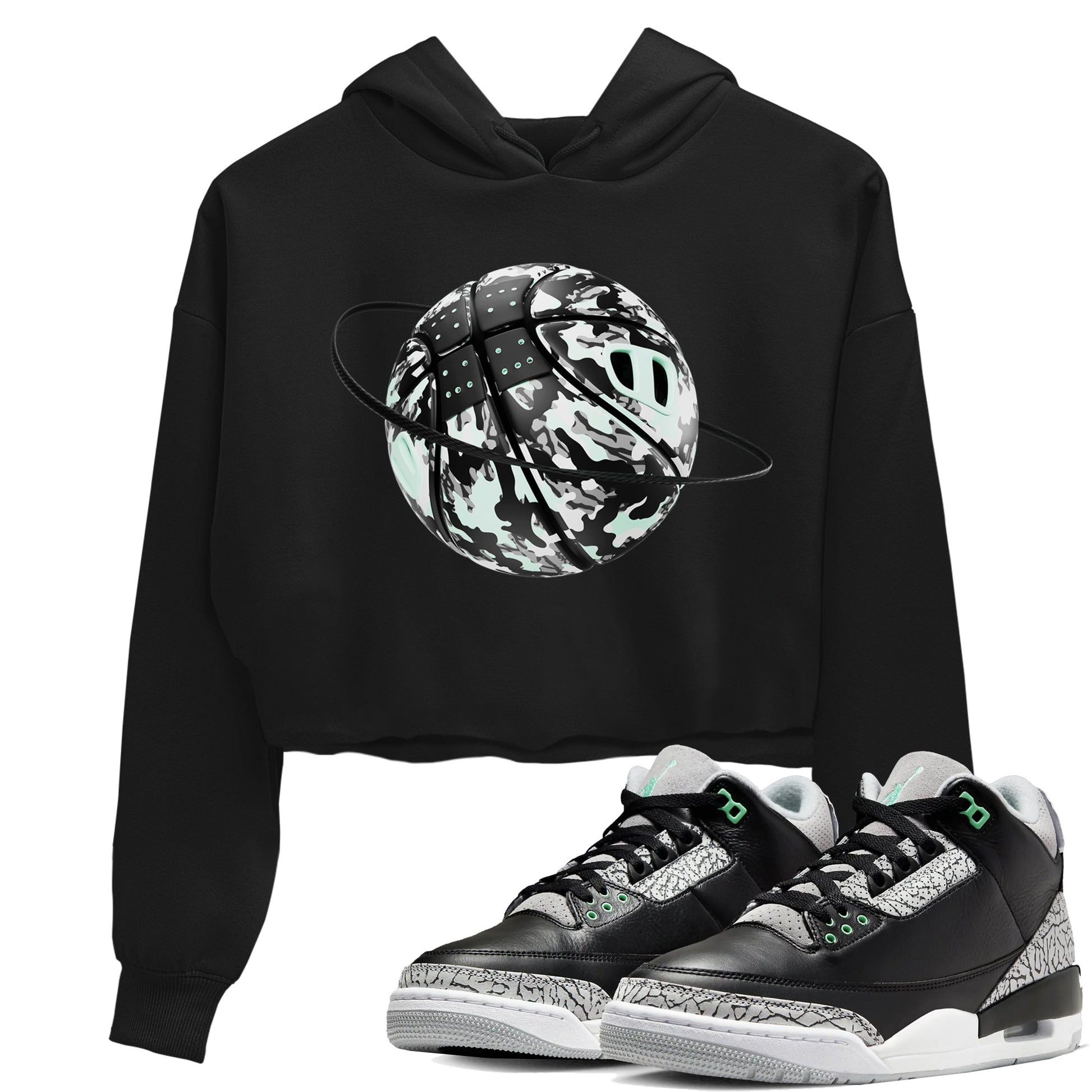 3s Green Glow shirt to match jordans Camo Basketball Planet sneaker tees Air Jordan 3 Green Glow SNRT Sneaker Release Tees Black 1 crop length shirt