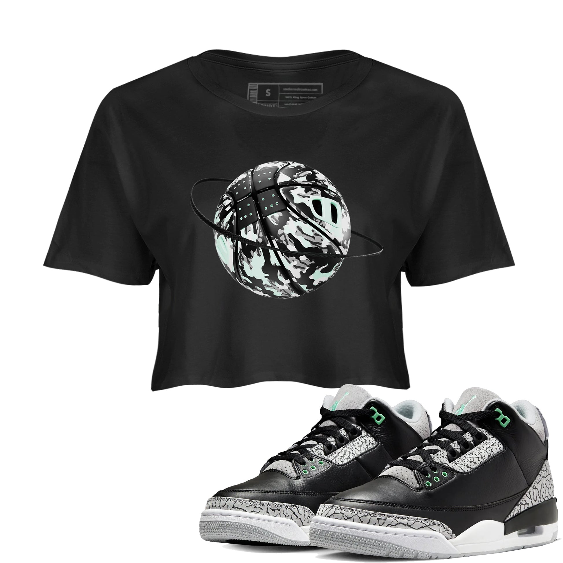 3s Green Glow shirt to match jordans Camo Basketball Planet sneaker tees Air Jordan 3 Green Glow SNRT Sneaker Release Tees Black 1 crop length shirt