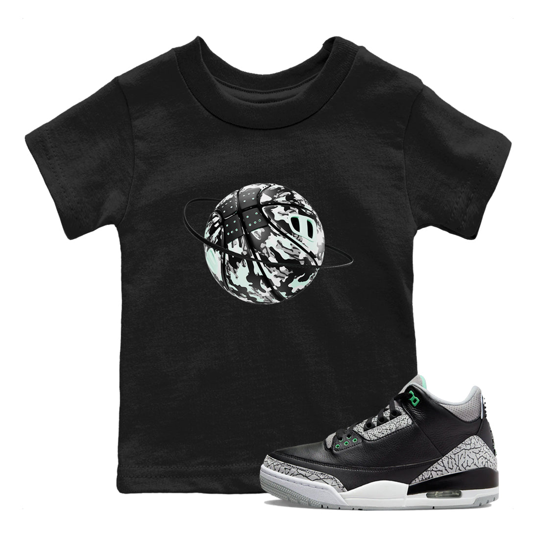 3s Green Glow shirt to match jordans Camo Basketball Planet sneaker tees Air Jordan 3 Green Glow SNRT sneaker release tees baby toddler Black 1 cotton Shirt