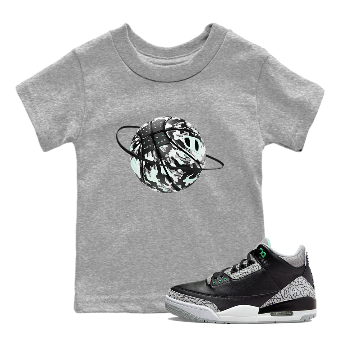 3s Green Glow shirt to match jordans Camo Basketball Planet sneaker tees Air Jordan 3 Green Glow SNRT sneaker release tees baby toddler Heather Grey 1 cotton Shirt
