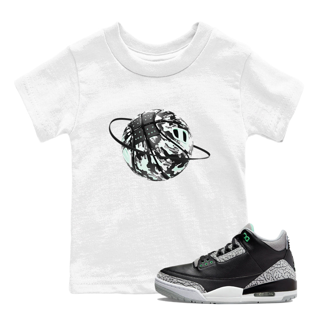 3s Green Glow shirt to match jordans Camo Basketball Planet sneaker tees Air Jordan 3 Green Glow SNRT sneaker release tees baby toddler White 1 cotton Shirt