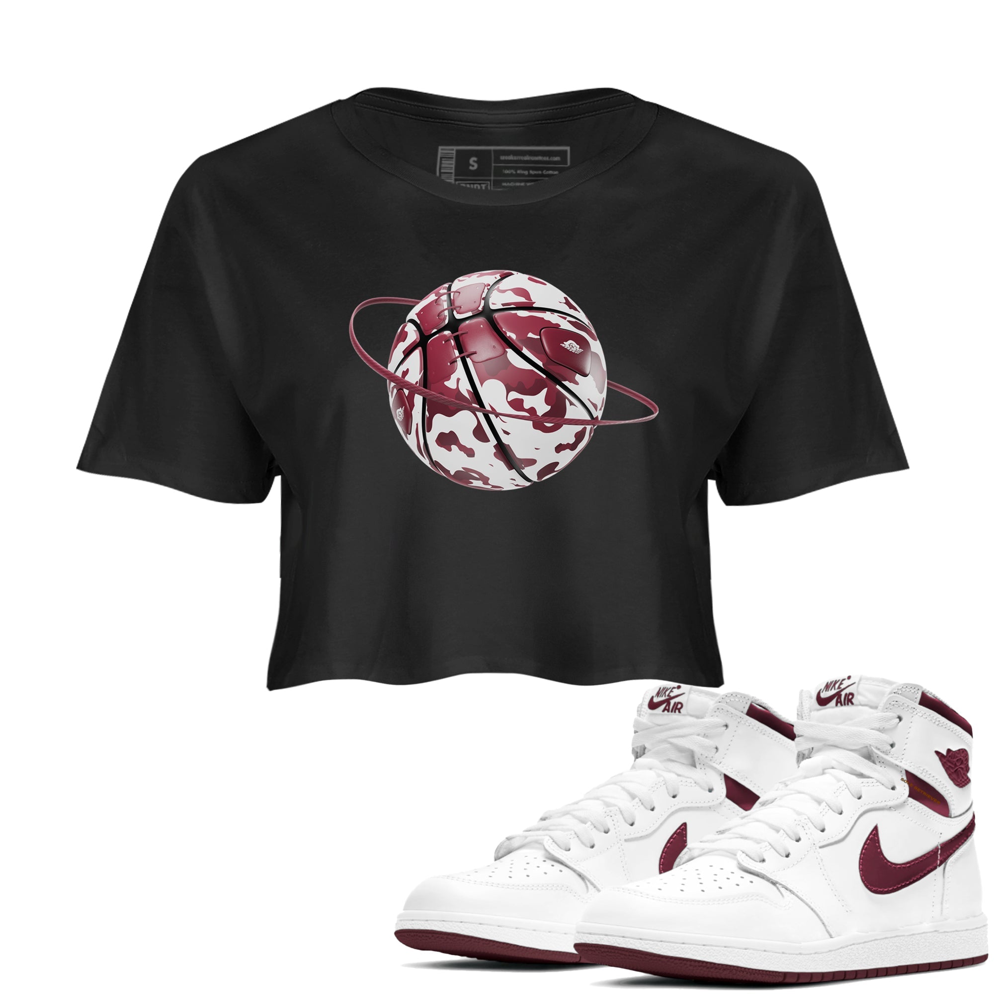 1s Metallic Burgundy shirt to match jordans Camo Basketball Planet sneaker tees AJ1 Metallic Burgundy SNRT Sneaker Release Tees Black 1 Crop T-Shirt
