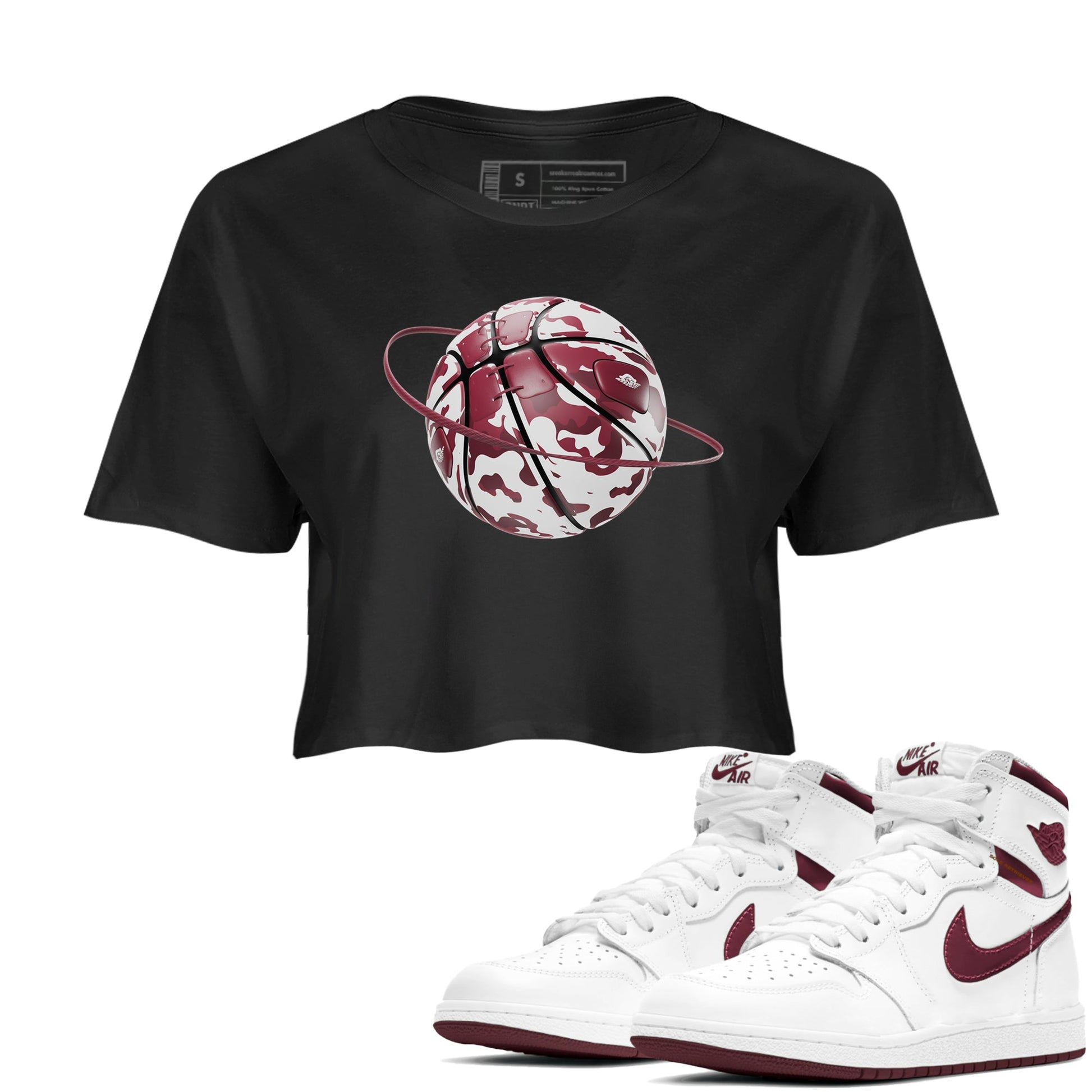 1s Metallic Burgundy shirt to match jordans Camo Basketball Planet sneaker tees AJ1 Metallic Burgundy SNRT Sneaker Release Tees Black 1 Crop T-Shirt