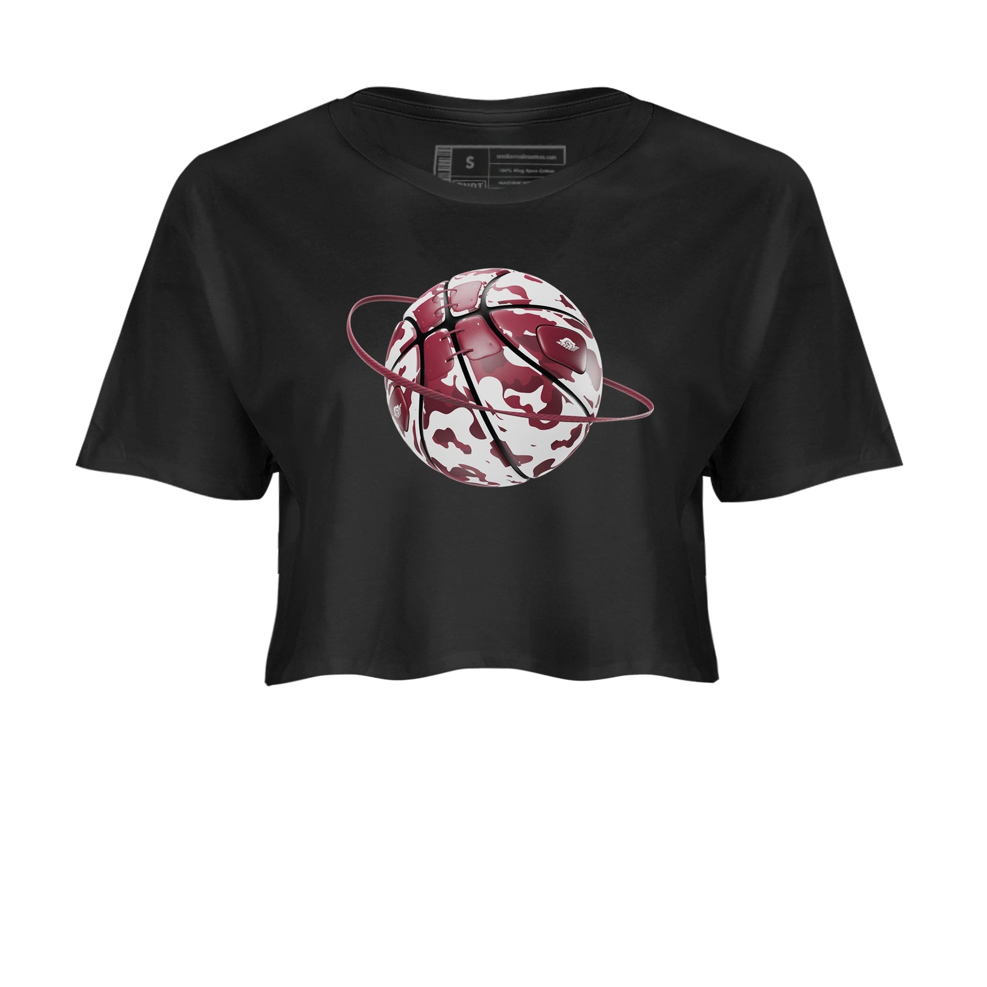 1s Metallic Burgundy shirt to match jordans Camo Basketball Planet sneaker tees AJ1 Metallic Burgundy SNRT Sneaker Release Tees Black 2 Crop T-Shirt
