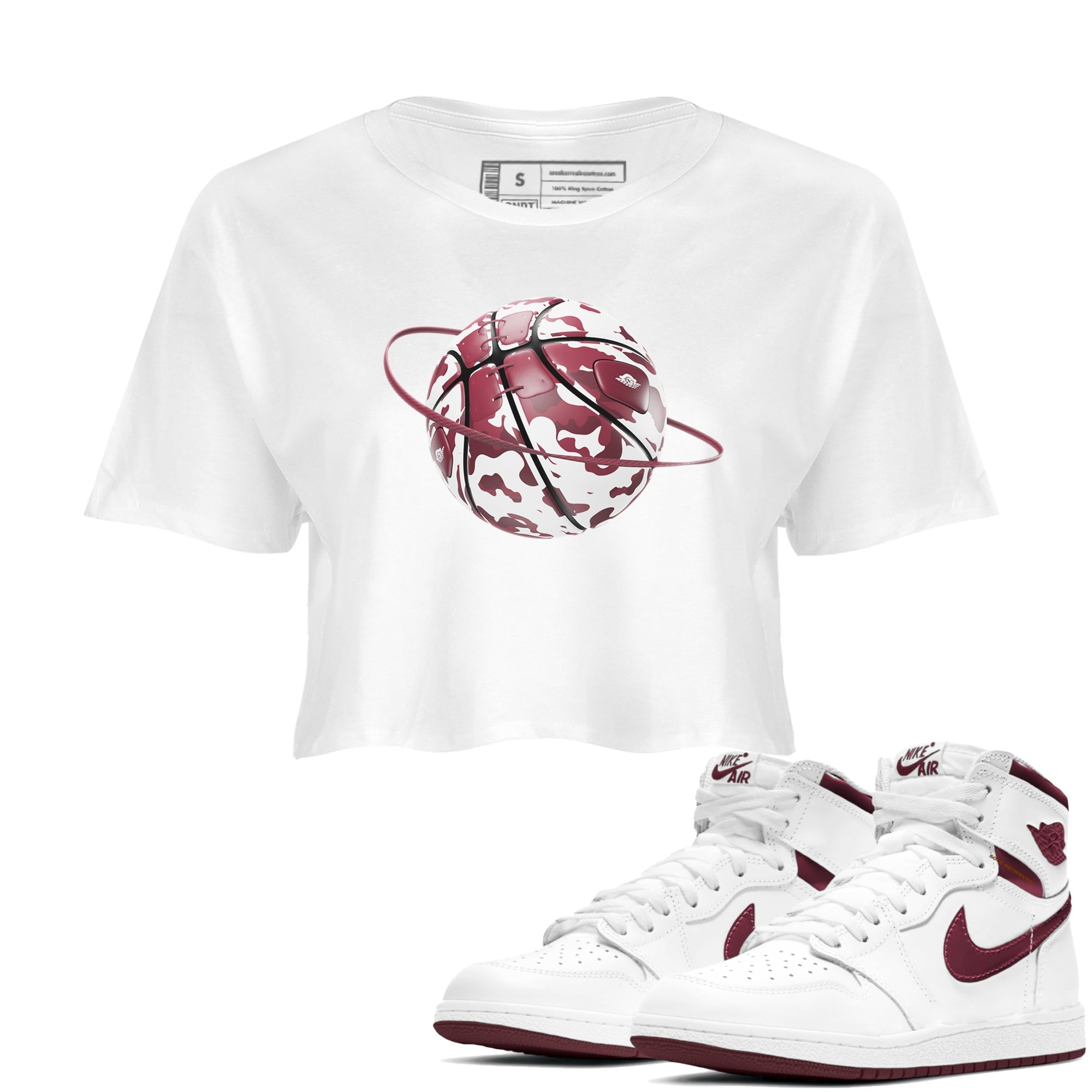 1s Metallic Burgundy shirt to match jordans Camo Basketball Planet sneaker tees AJ1 Metallic Burgundy SNRT Sneaker Release Tees White 1 Crop T-Shirt