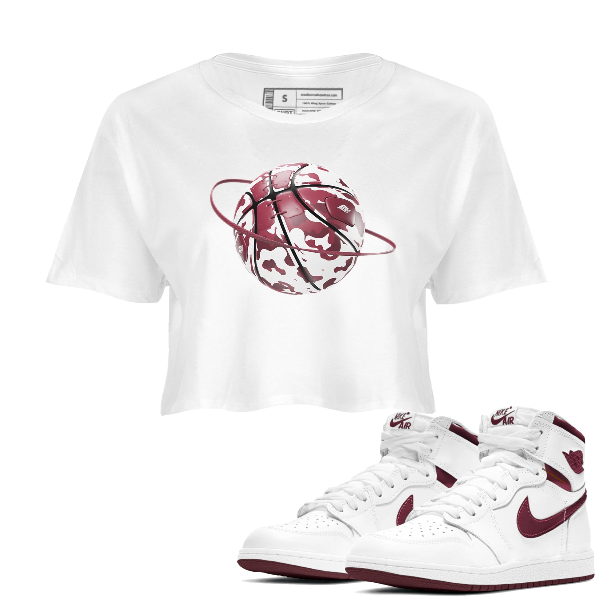 1s Metallic Burgundy shirt to match jordans Camo Basketball Planet sneaker tees AJ1 Metallic Burgundy SNRT Sneaker Release Tees White 1 Crop T-Shirt