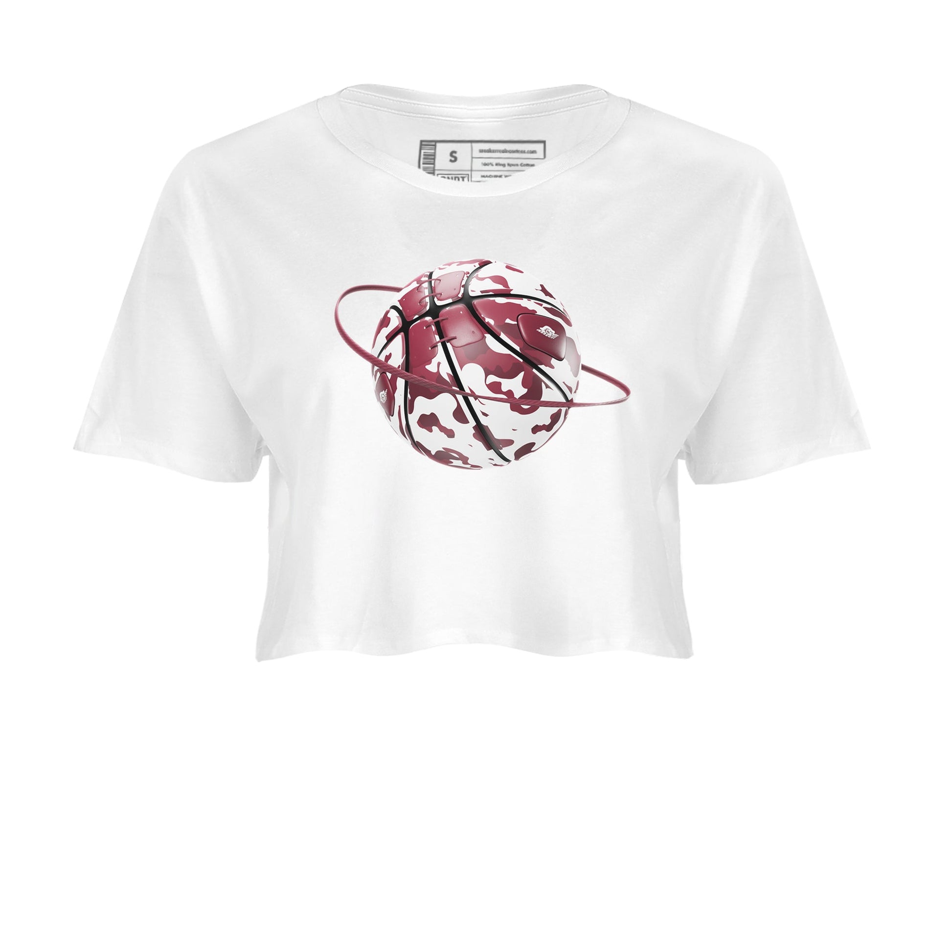 1s Metallic Burgundy shirt to match jordans Camo Basketball Planet sneaker tees AJ1 Metallic Burgundy SNRT Sneaker Release Tees White 2 Crop T-Shirt