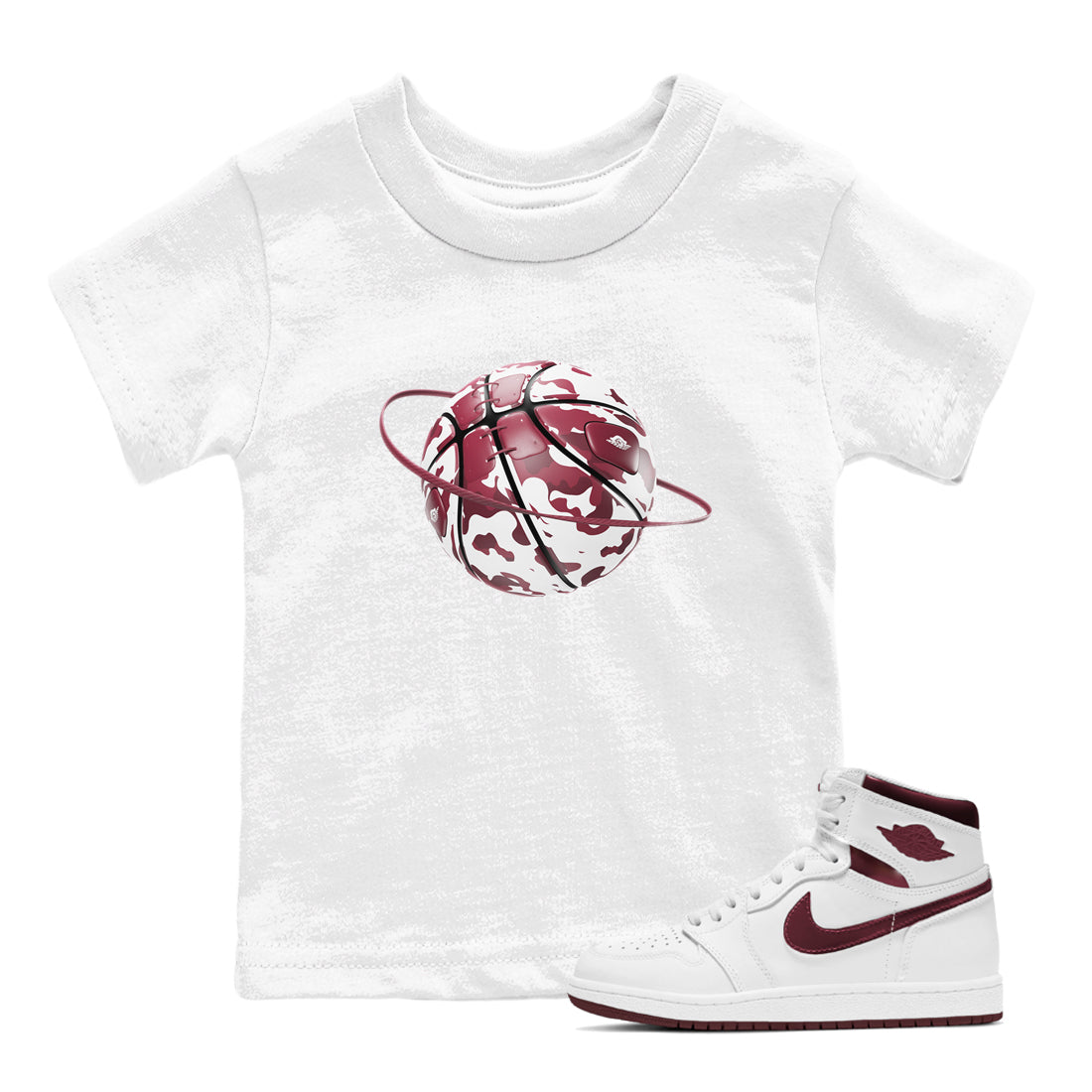 1s Metallic Burgundy shirt to match jordans Camo Basketball Planet sneaker tees AJ1 Metallic Burgundy SNRT Sneaker Release Tees Baby Toddler White 1 T-Shirt