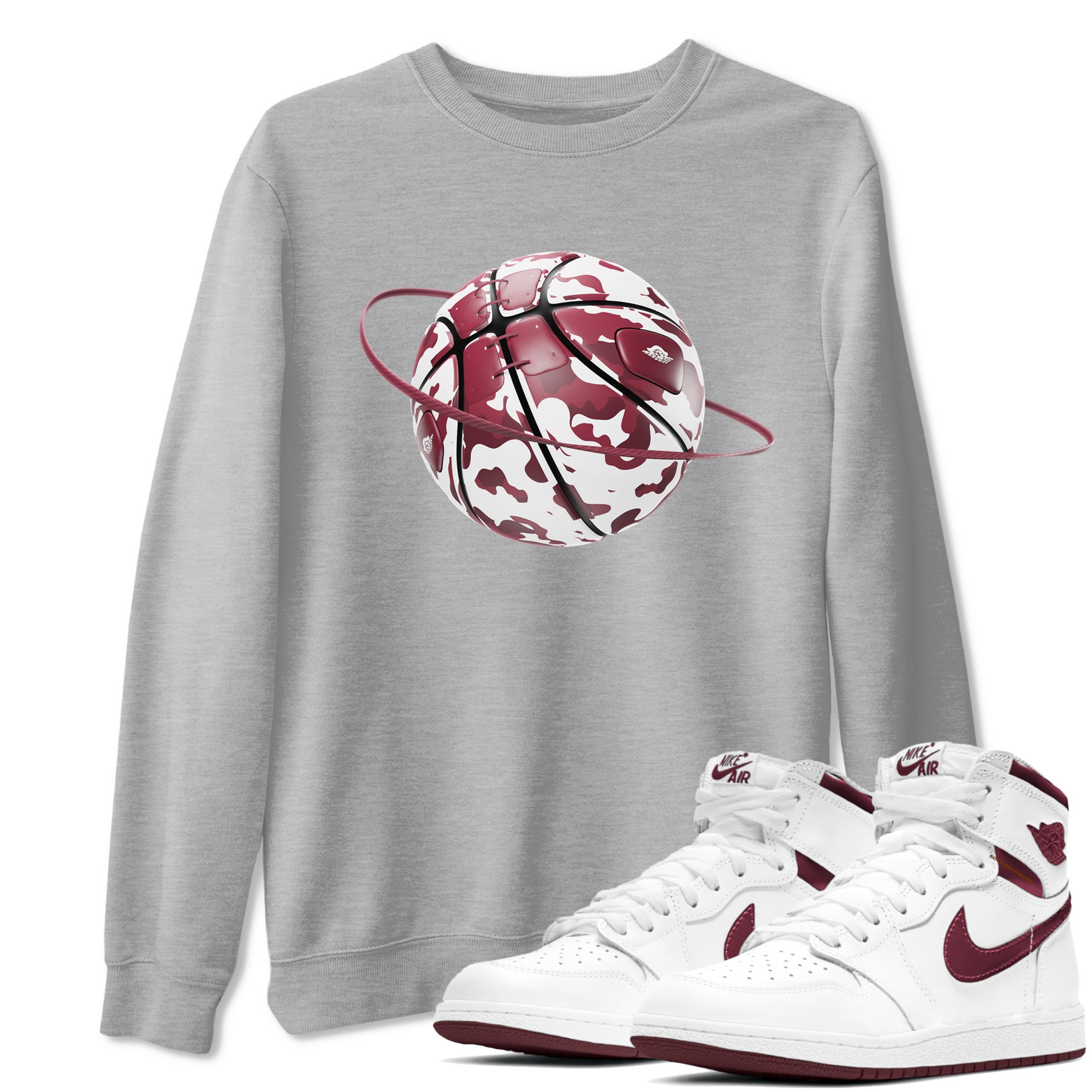 1s Metallic Burgundy shirt to match jordans Camo Basketball Planet sneaker tees AJ1 Metallic Burgundy SNRT Sneaker Release Tees Unisex Heather Grey 1 T-Shirt