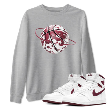 1s Metallic Burgundy shirt to match jordans Camo Basketball Planet sneaker tees AJ1 Metallic Burgundy SNRT Sneaker Release Tees Unisex Heather Grey 1 T-Shirt