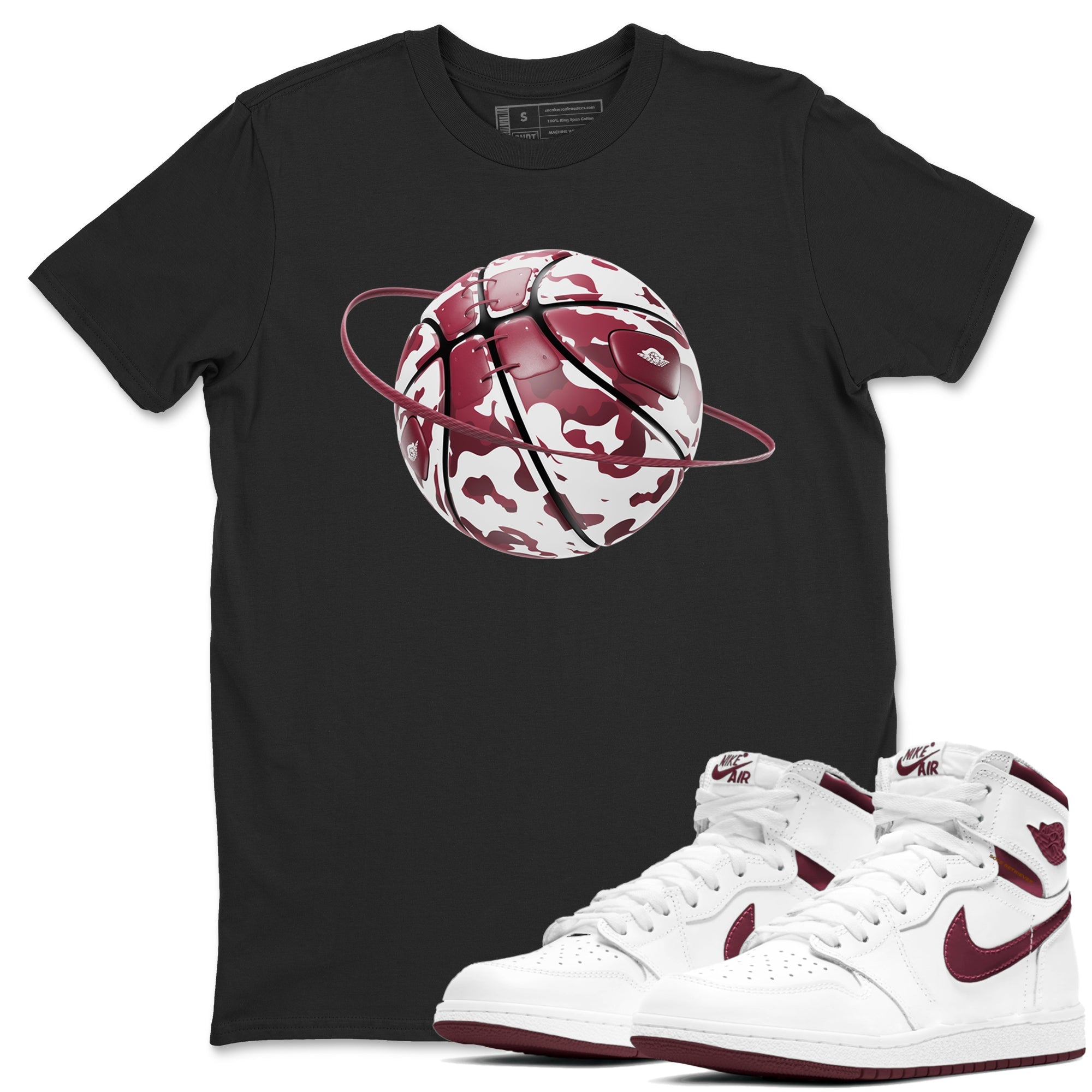 1s Metallic Burgundy shirt to match jordans Camo Basketball Planet sneaker tees AJ1 Metallic Burgundy SNRT Sneaker Release Tees Unisex Black 1 T-Shirt