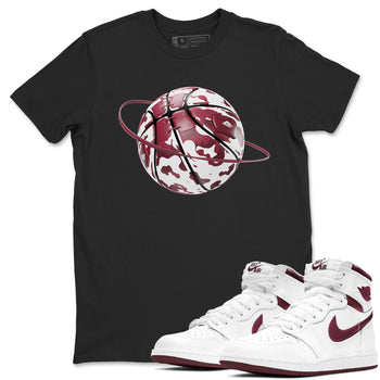 1s Metallic Burgundy shirt to match jordans Camo Basketball Planet sneaker tees AJ1 Metallic Burgundy SNRT Sneaker Release Tees Unisex Black 1 T-Shirt