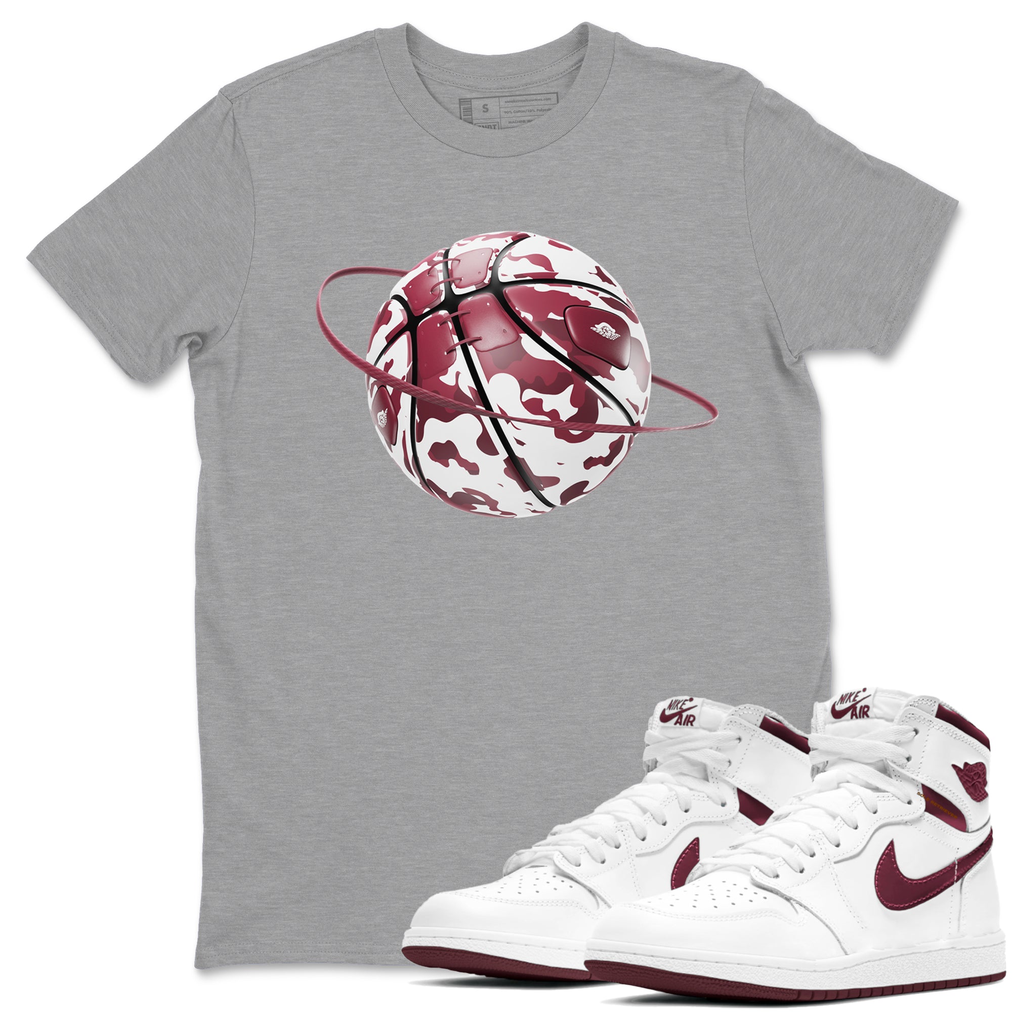 1s Metallic Burgundy shirt to match jordans Camo Basketball Planet sneaker tees AJ1 Metallic Burgundy SNRT Sneaker Release Tees Unisex Heather Grey 1 T-Shirt