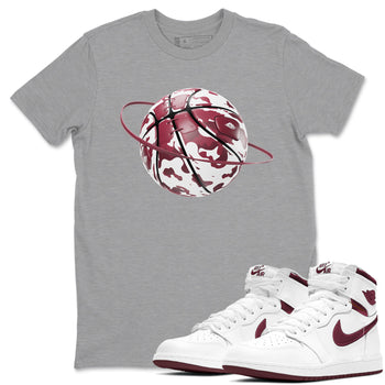 1s Metallic Burgundy shirt to match jordans Camo Basketball Planet sneaker tees AJ1 Metallic Burgundy SNRT Sneaker Release Tees Unisex Heather Grey 1 T-Shirt
