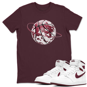 1s Metallic Burgundy shirt to match jordans Camo Basketball Planet sneaker tees AJ1 Metallic Burgundy SNRT Sneaker Release Tees Unisex Maroon 1 T-Shirt