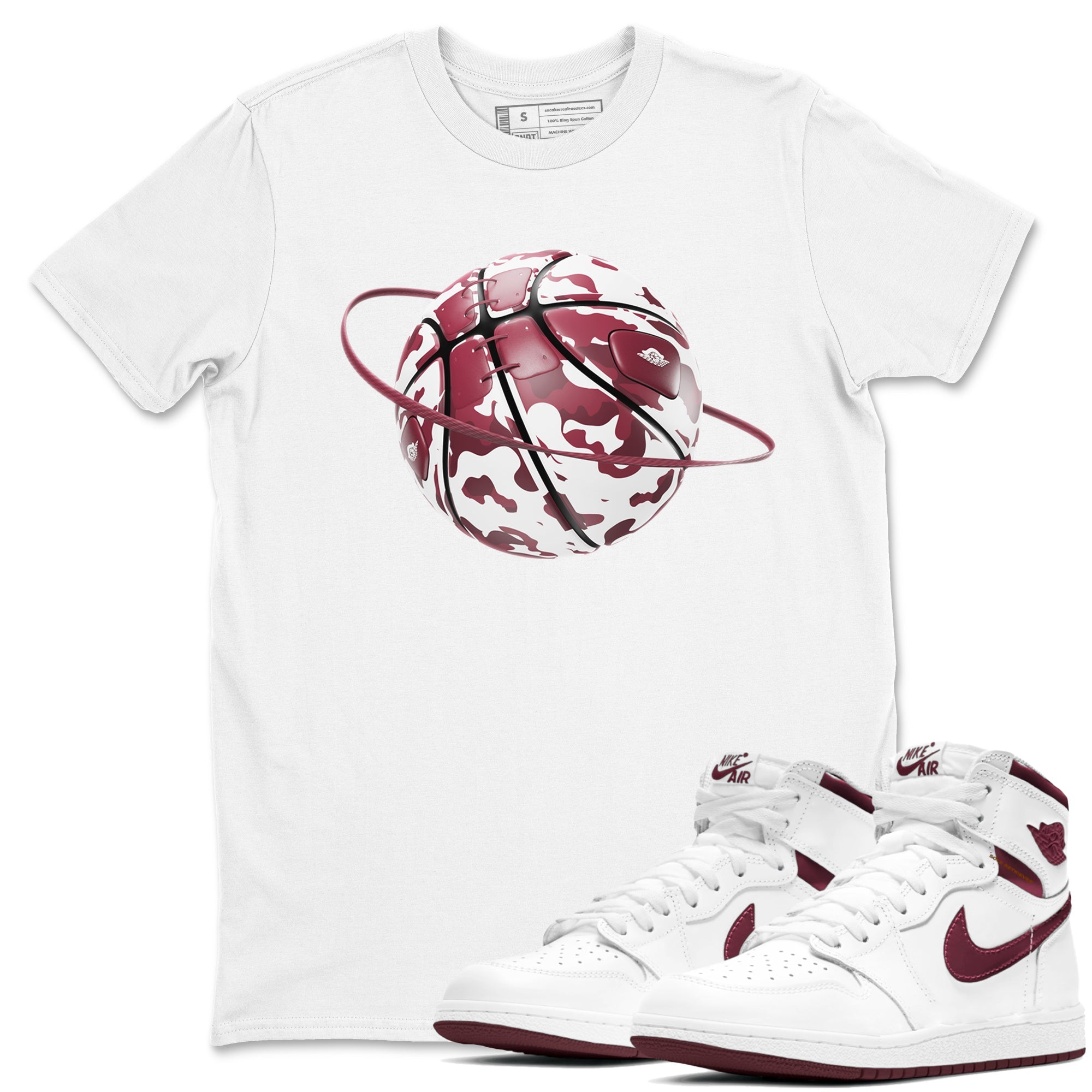 1s Metallic Burgundy shirt to match jordans Camo Basketball Planet sneaker tees AJ1 Metallic Burgundy SNRT Sneaker Release Tees Unisex White 1 T-Shirt