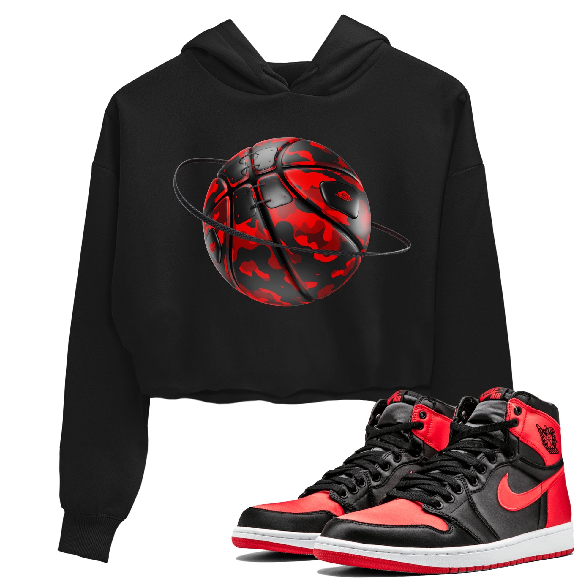 Air Jordan 1 Satin Bred shirt to match jordans Camo Basketball Planet sneaker tees AJ1Satin Bred SNRT Sneaker Release Tees Black 1 Crop T-Shirt