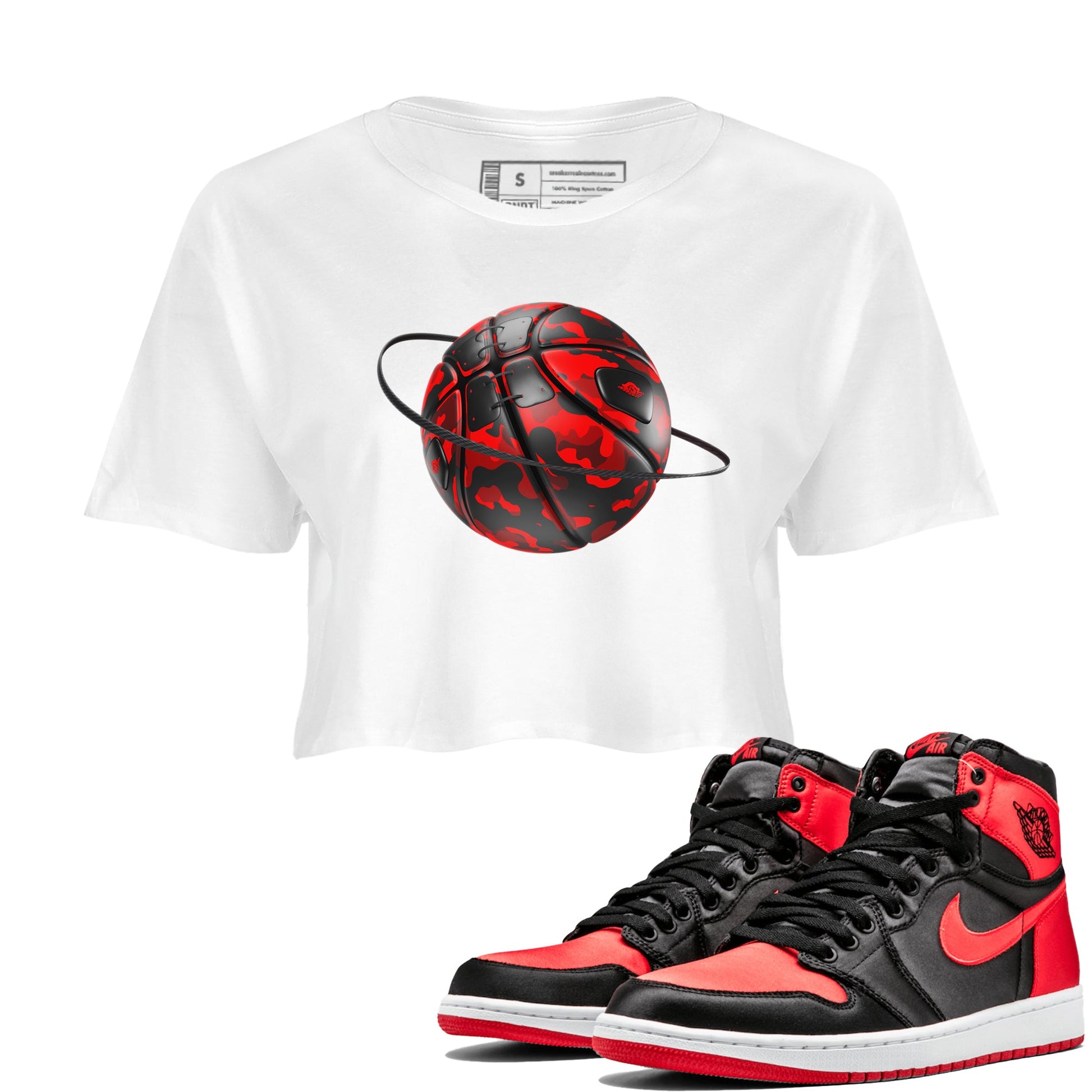 Air Jordan 1 Satin Bred shirt to match jordans Camo Basketball Planet sneaker tees AJ1Satin Bred SNRT Sneaker Release Tees White 1 Crop T-Shirt