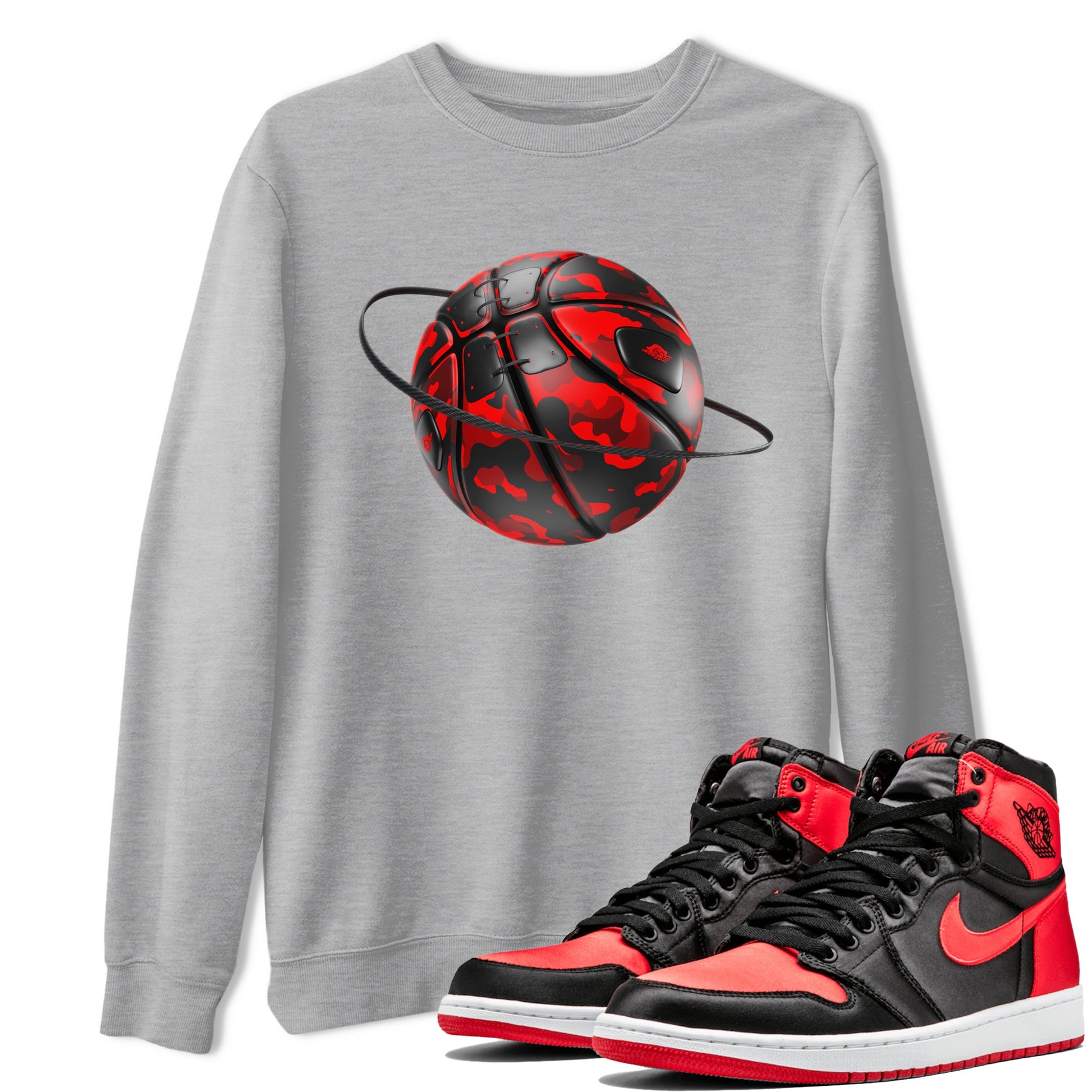 Air Jordan 1 Satin Bred shirt to match jordans Camo Basketball Planet sneaker tees AJ1Satin Bred SNRT Sneaker Release Tees Unisex Heather Grey 1 T-Shirt