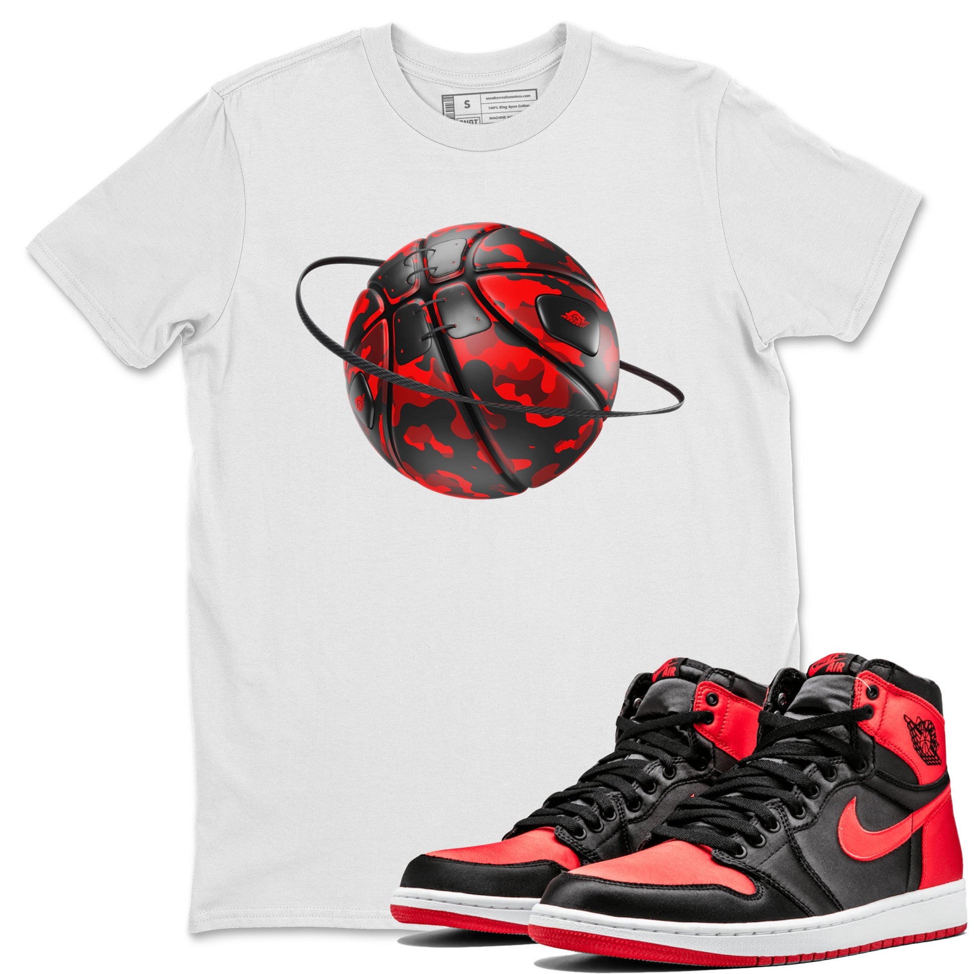 Air Jordan 1 Satin Bred shirt to match jordans Camo Basketball Planet sneaker tees AJ1Satin Bred SNRT Sneaker Release Tees Unisex White 1 T-Shirt
