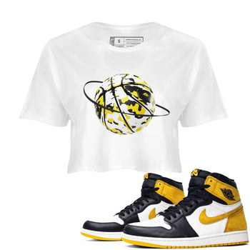 1s Yellow Ochre shirt to match jordans Camo Basketball Planet sneaker tees Air Jordan 1 Yellow Ochre SNRT Sneaker Release Tees White 1 crop length shirt