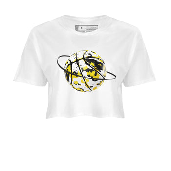 1s Yellow Ochre shirt to match jordans Camo Basketball Planet sneaker tees Air Jordan 1 Yellow Ochre SNRT Sneaker Release Tees White 2 crop length shirt