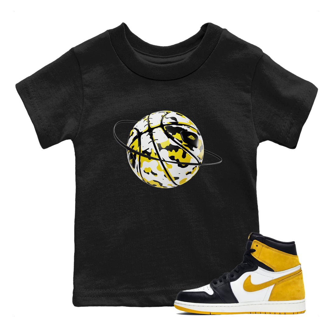 1s Yellow Ochre shirt to match jordans Camo Basketball Planet sneaker tees Air Jordan 1 Yellow Ochre SNRT sneaker release tees baby toddler Black 1 cotton Shirt