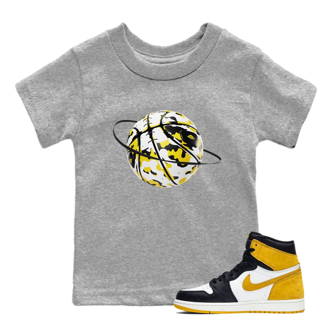 1s Yellow Ochre shirt to match jordans Camo Basketball Planet sneaker tees Air Jordan 1 Yellow Ochre SNRT sneaker release tees baby toddler Heather Grey 1 cotton Shirt