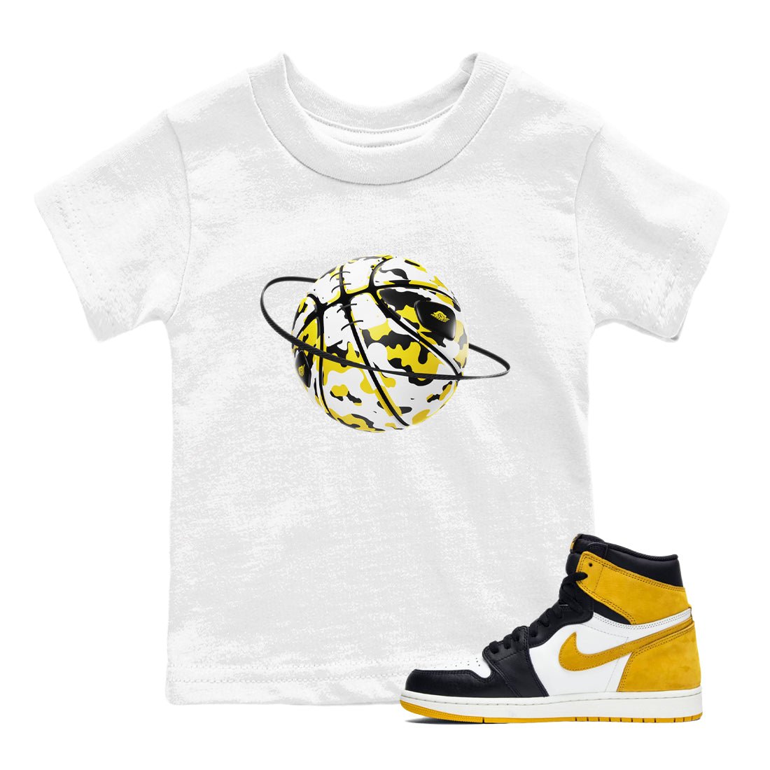 1s Yellow Ochre shirt to match jordans Camo Basketball Planet sneaker tees Air Jordan 1 Yellow Ochre SNRT sneaker release tees baby toddler White 1 cotton Shirt