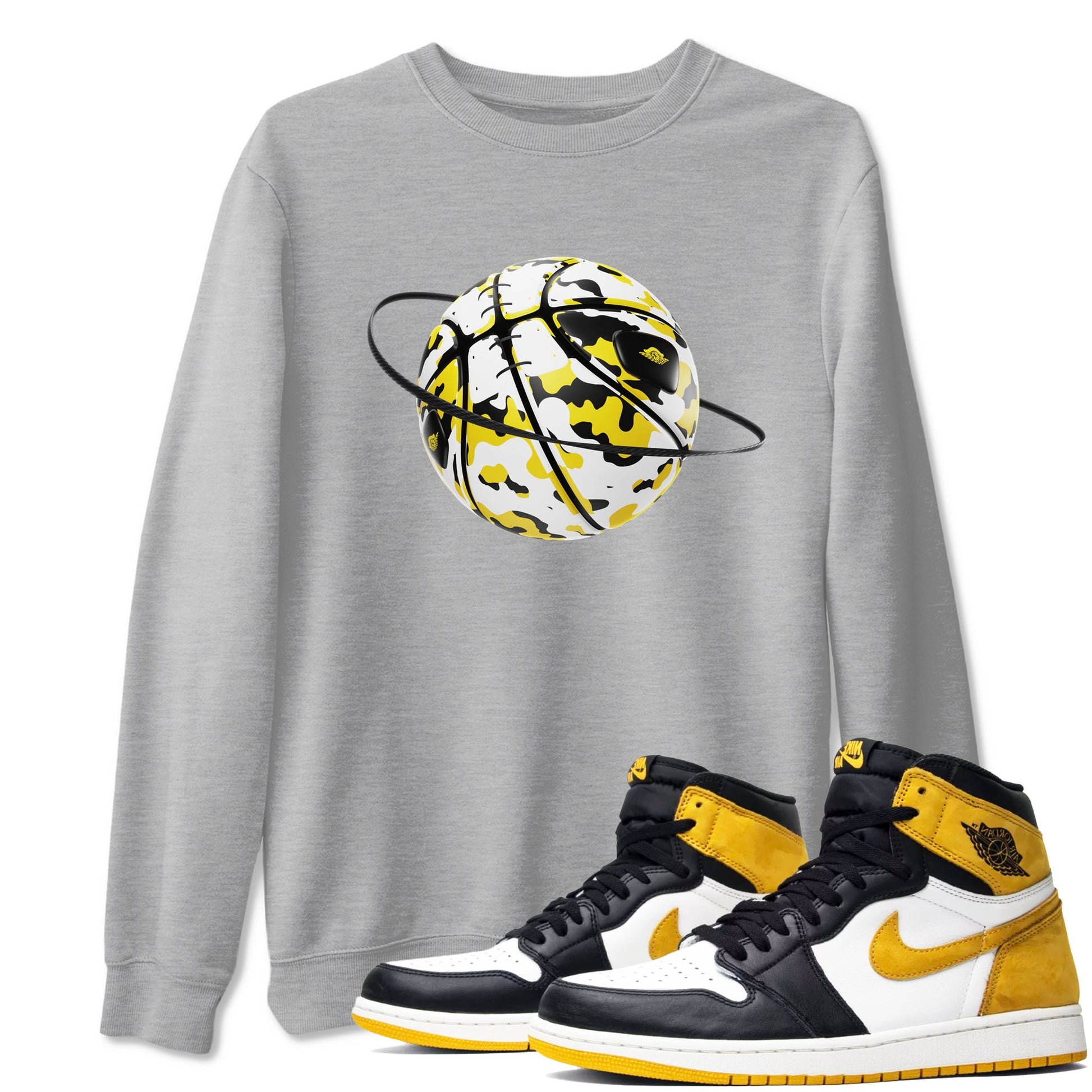 1s Yellow Ochre shirt to match jordans Camo Basketball Planet sneaker tees Air Jordan 1 Yellow Ochre SNRT Sneaker Release Tees unisex cotton Heather Grey 1 crew neck shirt