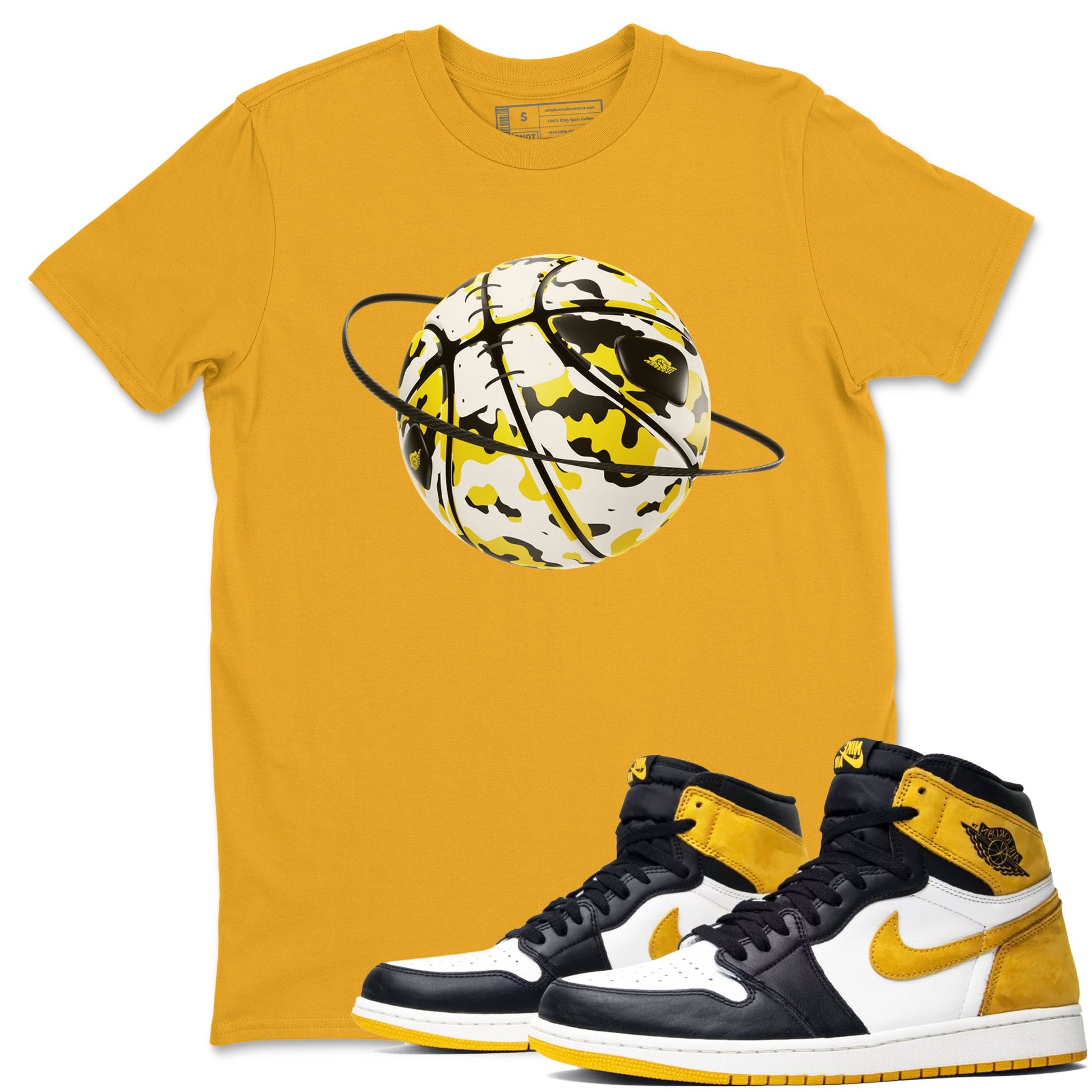 1s Yellow Ochre shirt to match jordans Camo Basketball Planet sneaker tees Air Jordan 1 Yellow Ochre SNRT Sneaker Release Tees unisex cotton Gold 1 crew neck shirt
