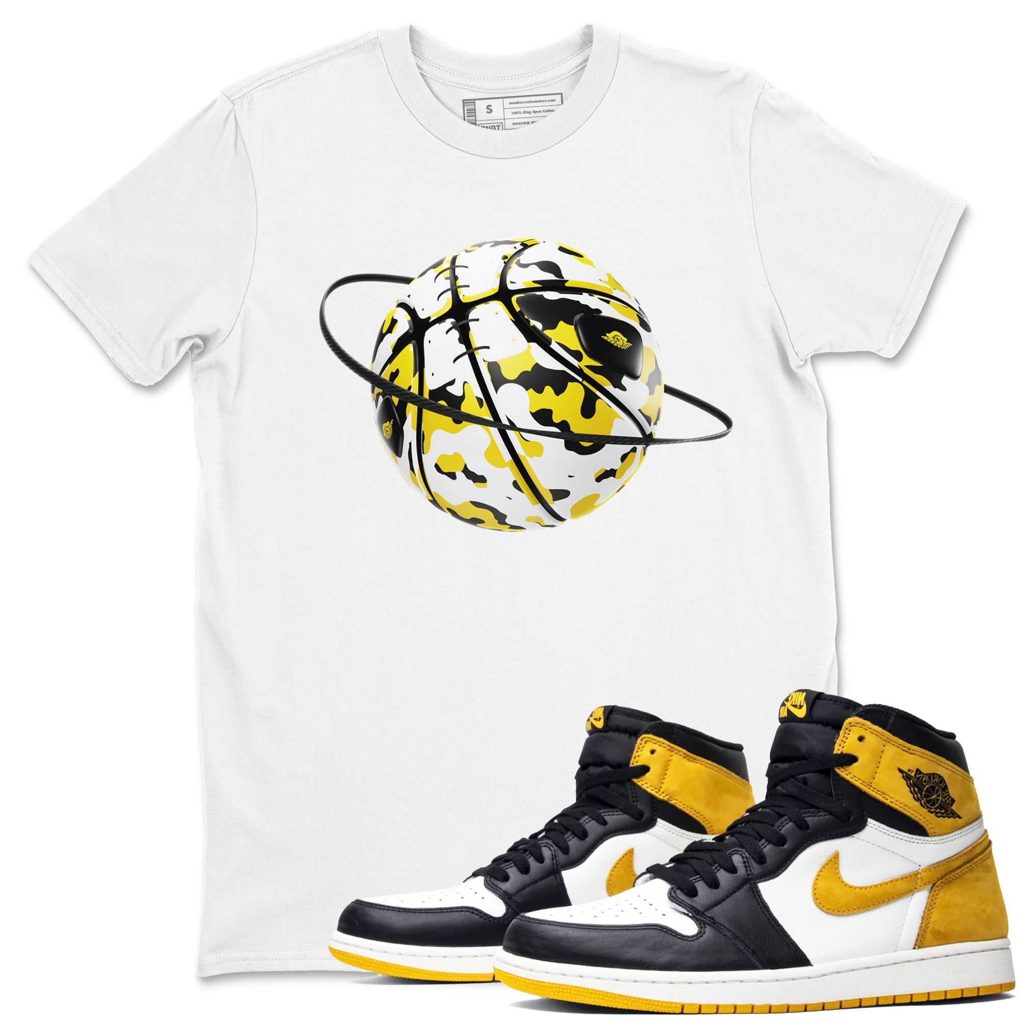 1s Yellow Ochre shirt to match jordans Camo Basketball Planet sneaker tees Air Jordan 1 Yellow Ochre SNRT Sneaker Release Tees unisex cotton White 1 crew neck shirt