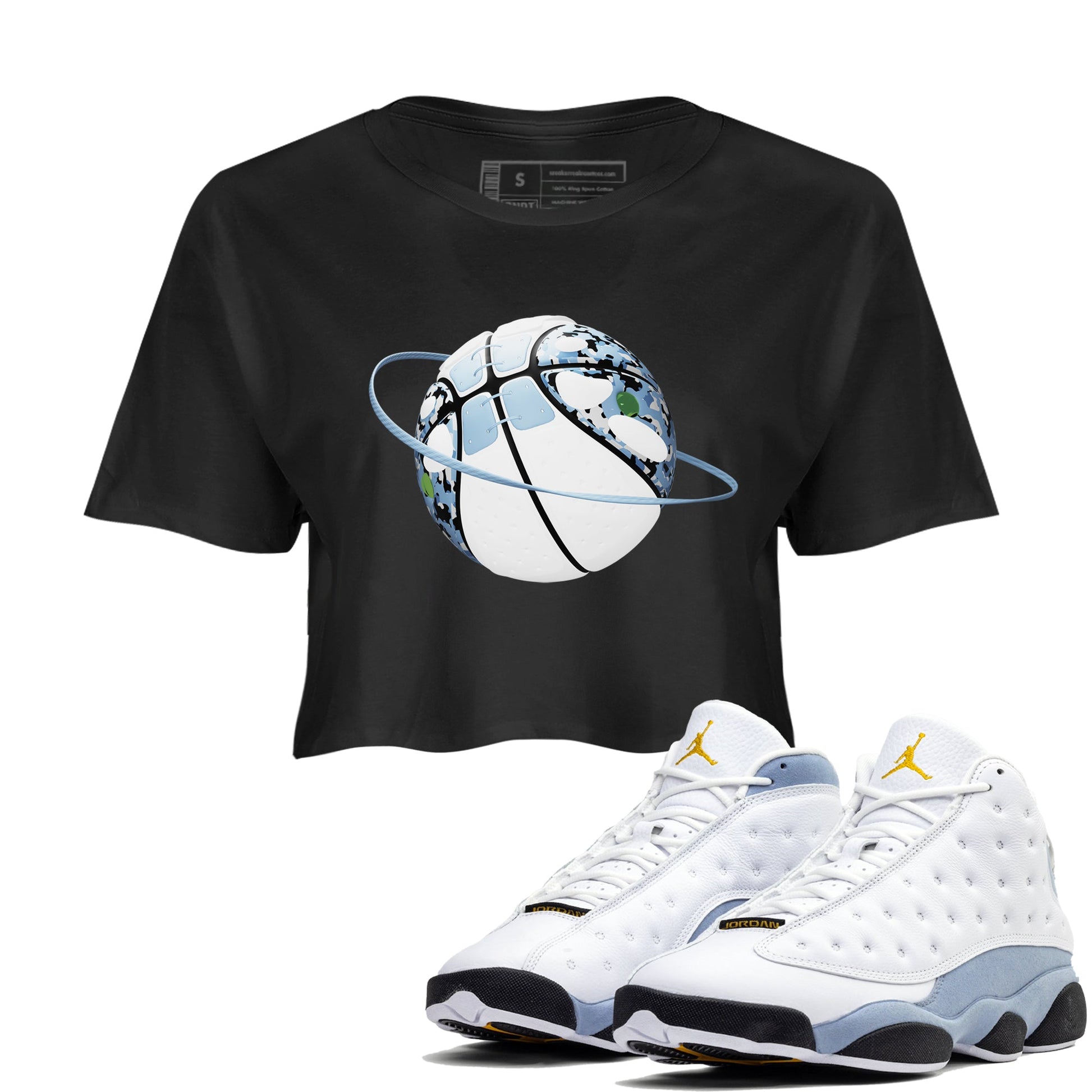 Air Jordan 13 Blue Grey shirt to match jordans Camo Basketball Planet sneaker tees AJ13 Blue Grey SNRT Sneaker Release Tees Black 1 crop length shirt