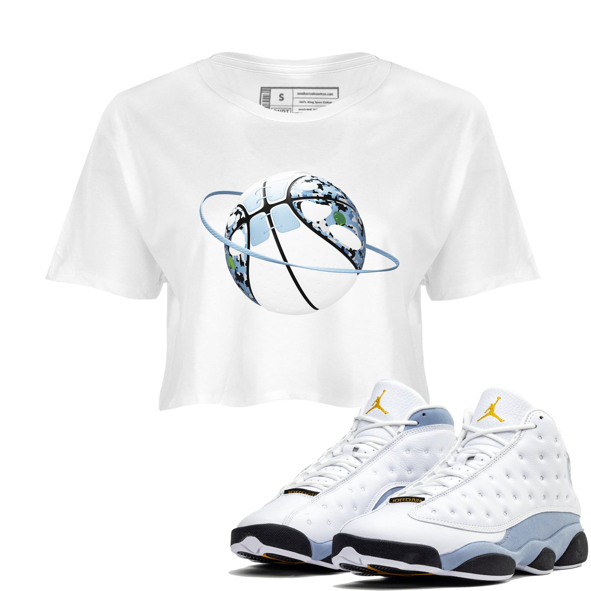 Air Jordan 13 Blue Grey shirt to match jordans Camo Basketball Planet sneaker tees AJ13 Blue Grey SNRT Sneaker Release Tees White 1 crop length shirt