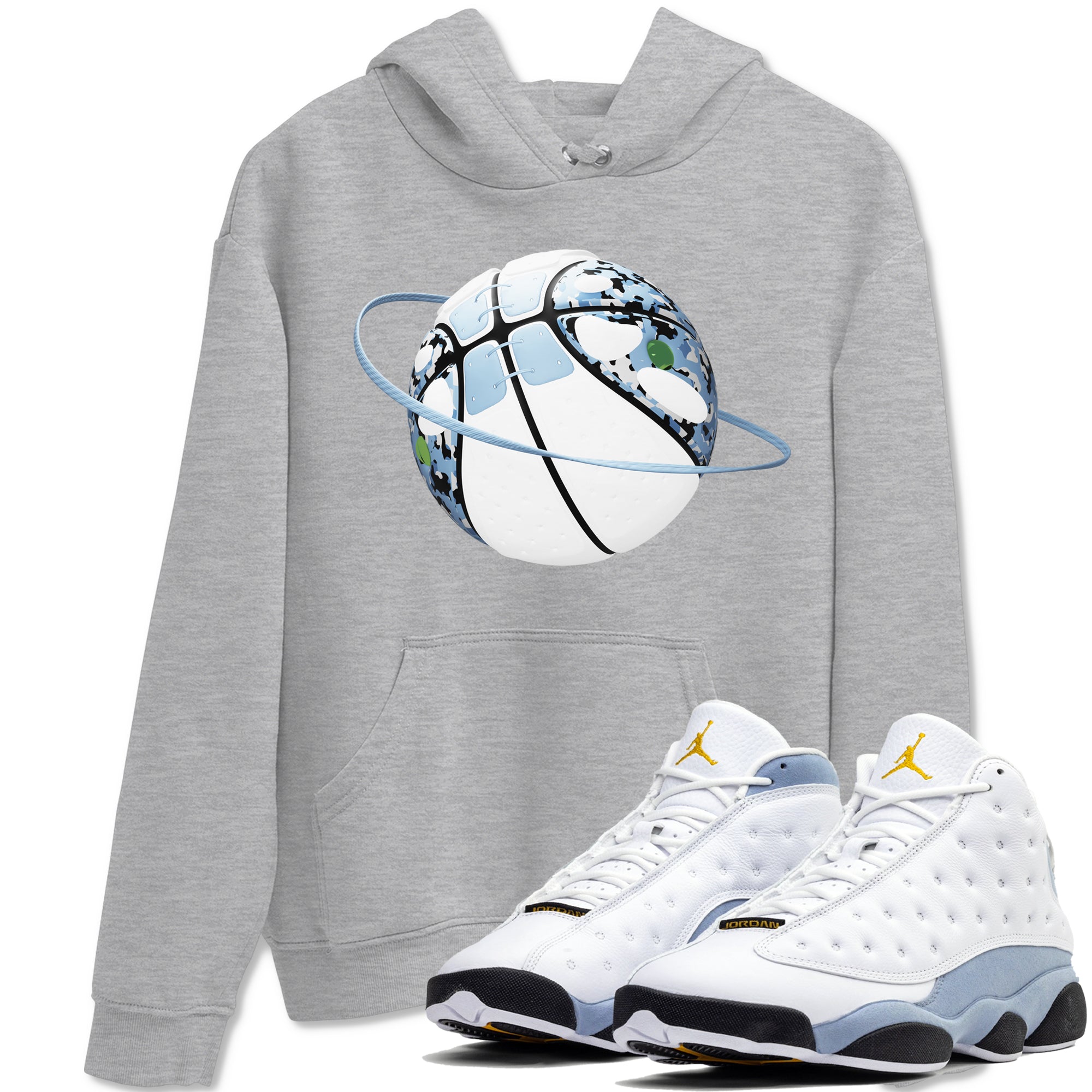 Air Jordan 13 Blue Grey shirt to match jordans Camo Basketball Planet sneaker tees AJ13 Blue Grey SNRT Sneaker Release Tees unisex cotton Heather Grey 1 crew neck shirt