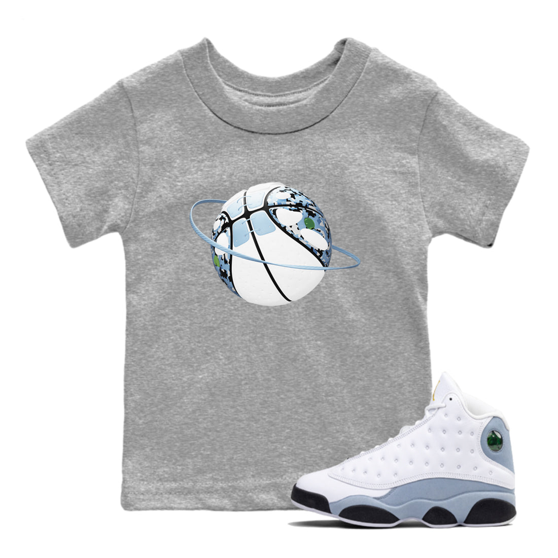 Air Jordan 13 Blue Grey shirt to match jordans Camo Basketball Planet sneaker tees AJ13 Blue Grey SNRT sneaker release tees baby toddler Heather Grey 1 cotton Shirt