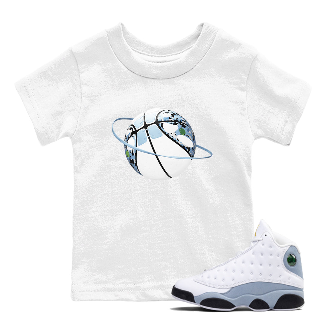 Air Jordan 13 Blue Grey shirt to match jordans Camo Basketball Planet sneaker tees AJ13 Blue Grey SNRT sneaker release tees baby toddler White 1 cotton Shirt