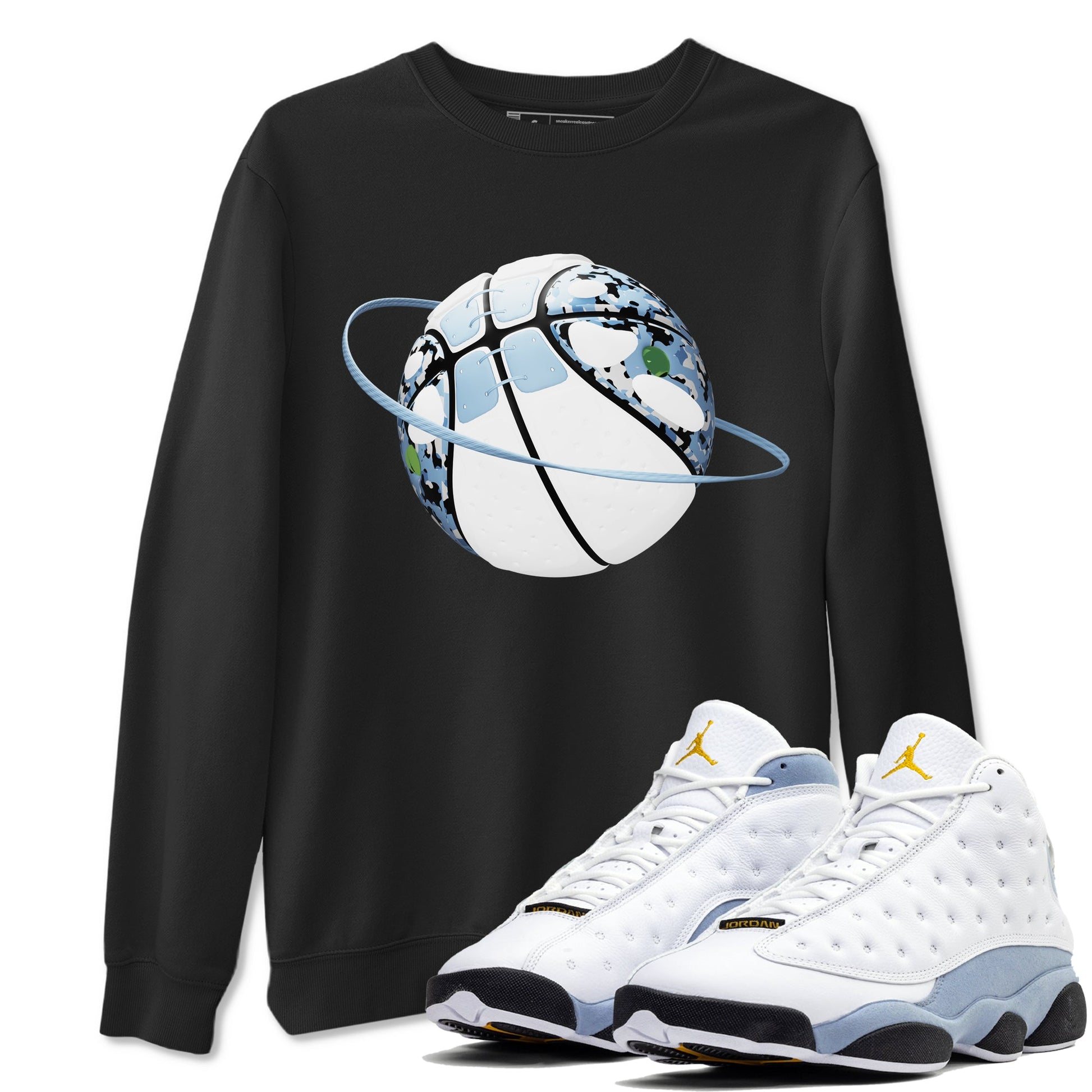 Air Jordan 13 Blue Grey shirt to match jordans Camo Basketball Planet sneaker tees AJ13 Blue Grey SNRT Sneaker Release Tees unisex cotton Black 1 crew neck shirt