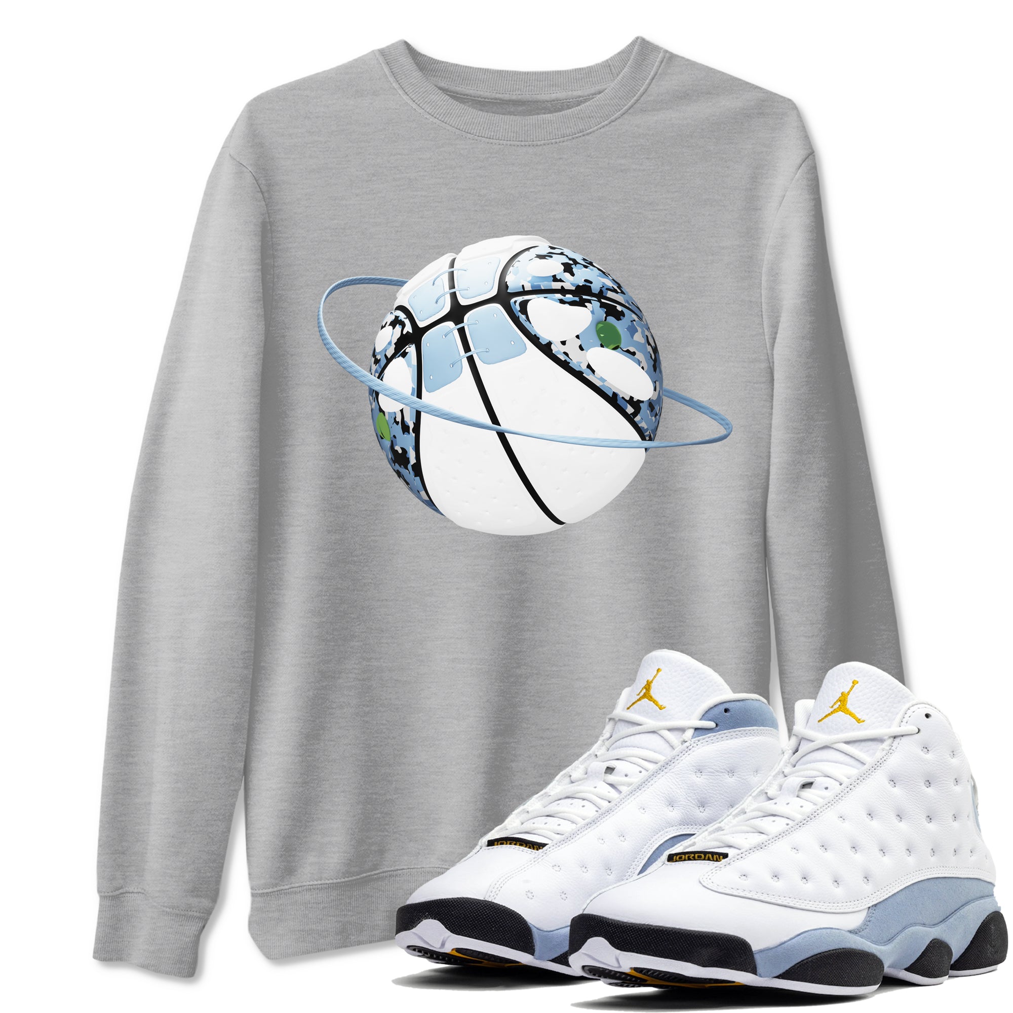 Air Jordan 13 Blue Grey shirt to match jordans Camo Basketball Planet sneaker tees AJ13 Blue Grey SNRT Sneaker Release Tees unisex cotton Heather Grey 1 crew neck shirt