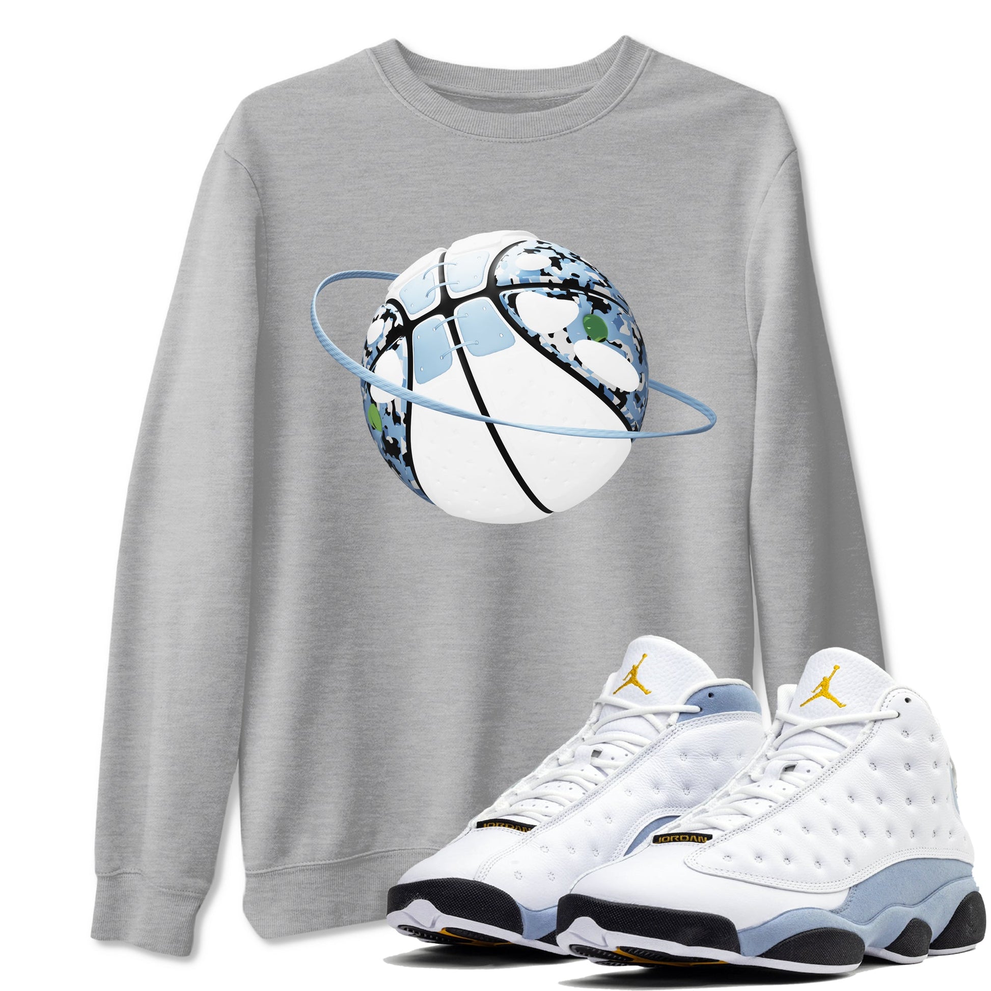 Air Jordan 13 Blue Grey shirt to match jordans Camo Basketball Planet sneaker tees AJ13 Blue Grey SNRT Sneaker Release Tees unisex cotton Heather Grey 1 crew neck shirt