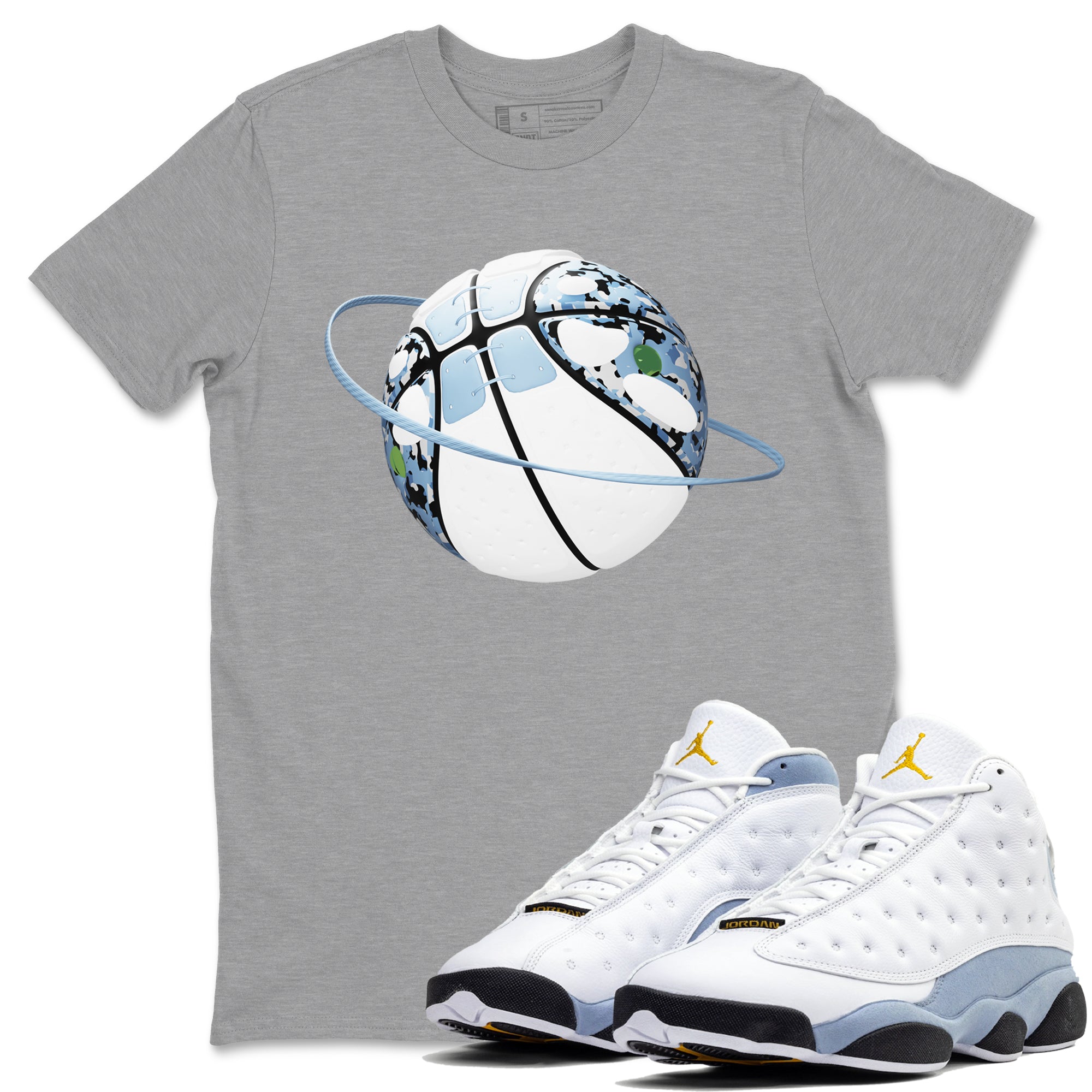 Air Jordan 13 Blue Grey shirt to match jordans Camo Basketball Planet sneaker tees AJ13 Blue Grey SNRT Sneaker Release Tees unisex cotton Heather Grey 1 crew neck shirt