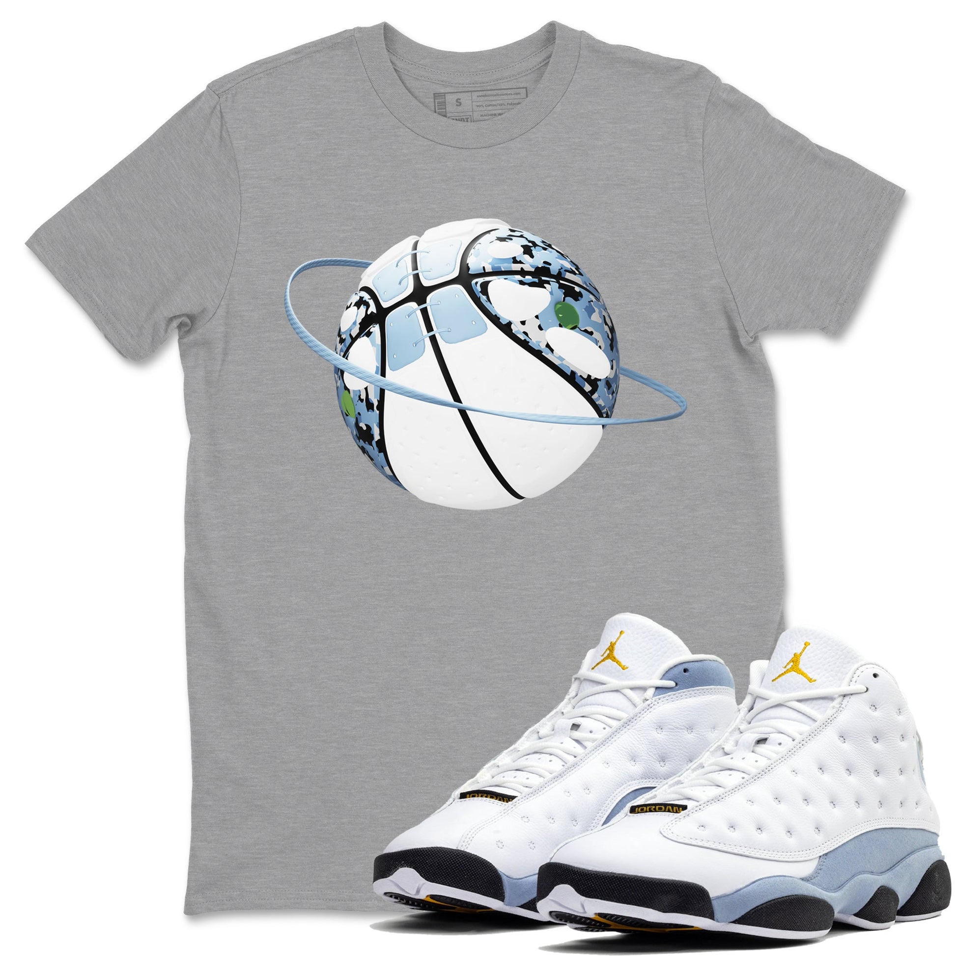 Air Jordan 13 Blue Grey shirt to match jordans Camo Basketball Planet sneaker tees AJ13 Blue Grey SNRT Sneaker Release Tees unisex cotton Heather Grey 1 crew neck shirt