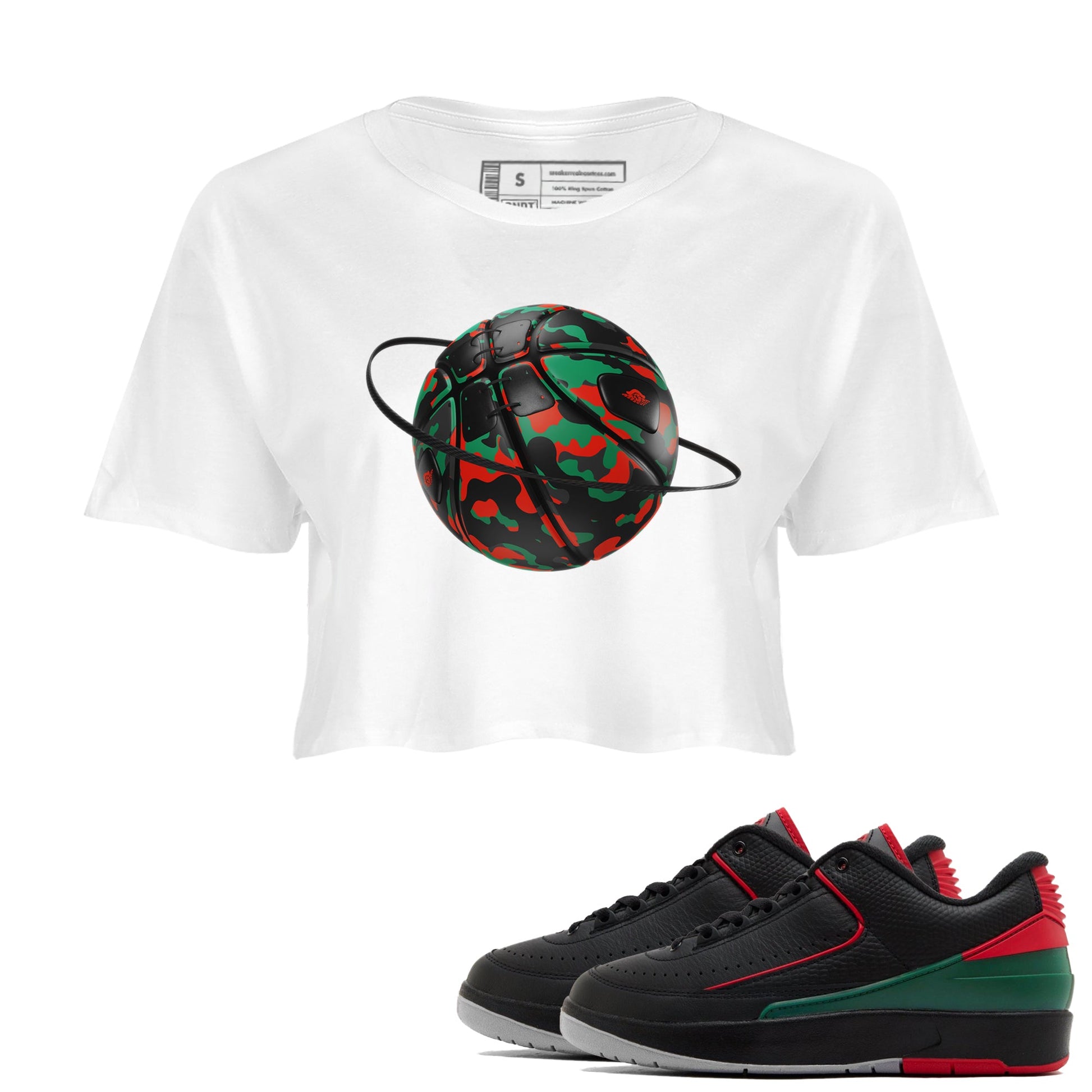 2s Christmas X-mas gift shirt to match jordans Camo Basketball Planet sneaker tees Air Jordan 2 Christmas SNRT Sneaker Release Tees White 1 Crop T-Shirt