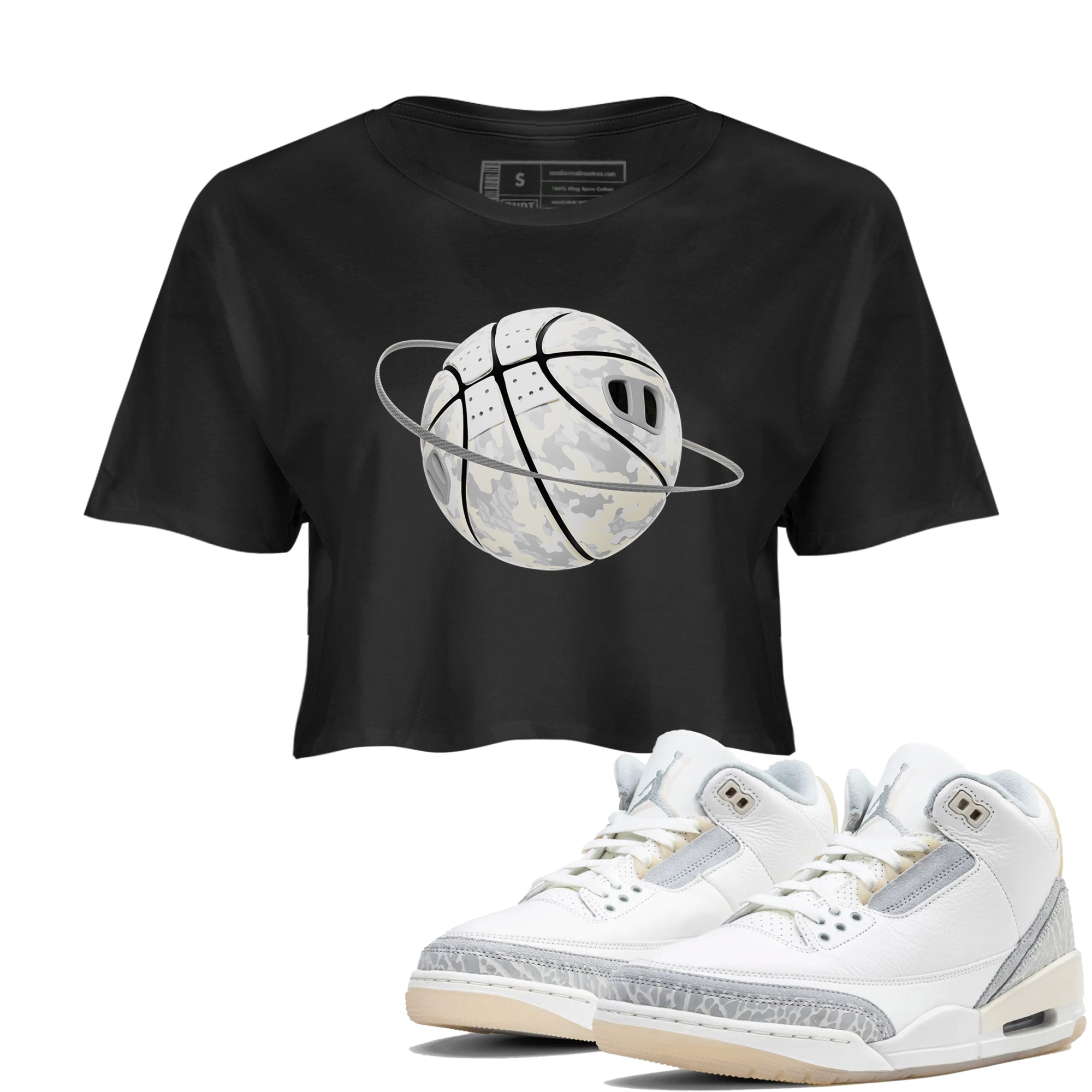 3s Ivory shirt to match jordans Camo Basketball Planet sneaker tees Air Jordan 3 Ivory SNRT Sneaker Release Tees Black 1 crop length shirt